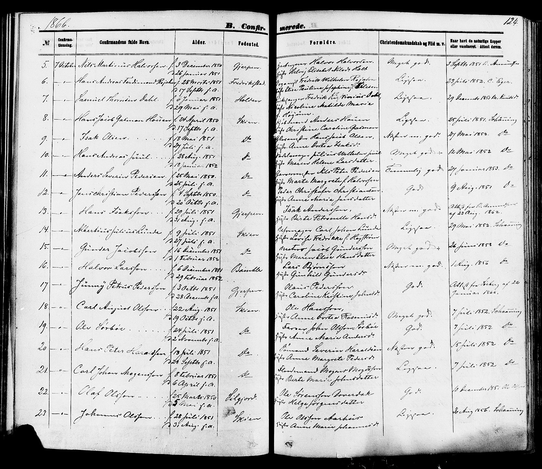 Skien kirkebøker, AV/SAKO-A-302/F/Fa/L0008: Parish register (official) no. 8, 1866-1877, p. 124