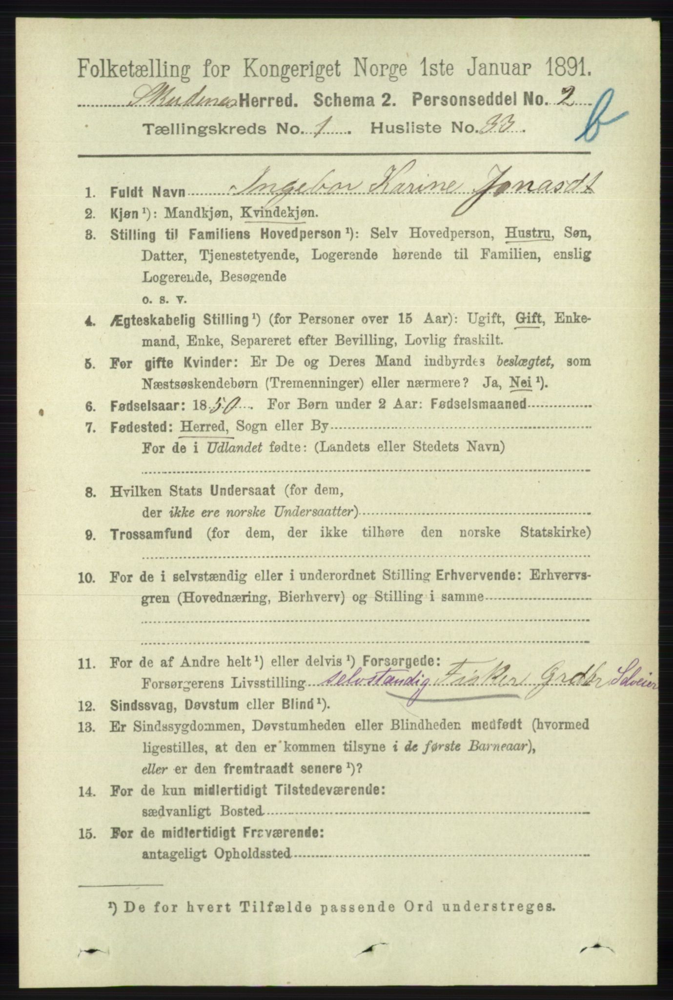 RA, 1891 census for 1150 Skudenes, 1891, p. 3583