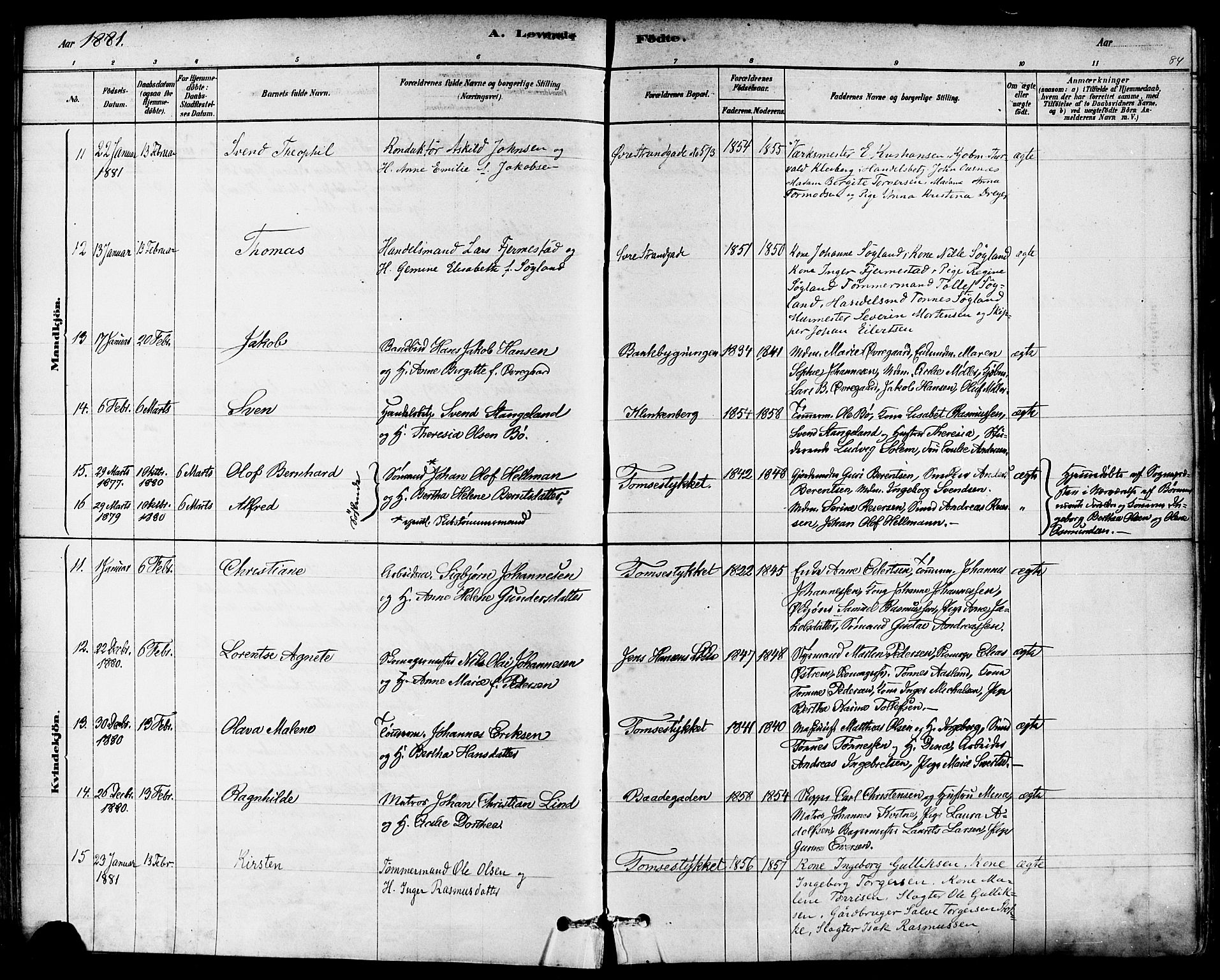 Domkirken sokneprestkontor, AV/SAST-A-101812/001/30/30BA/L0026: Parish register (official) no. A 25, 1878-1889, p. 84