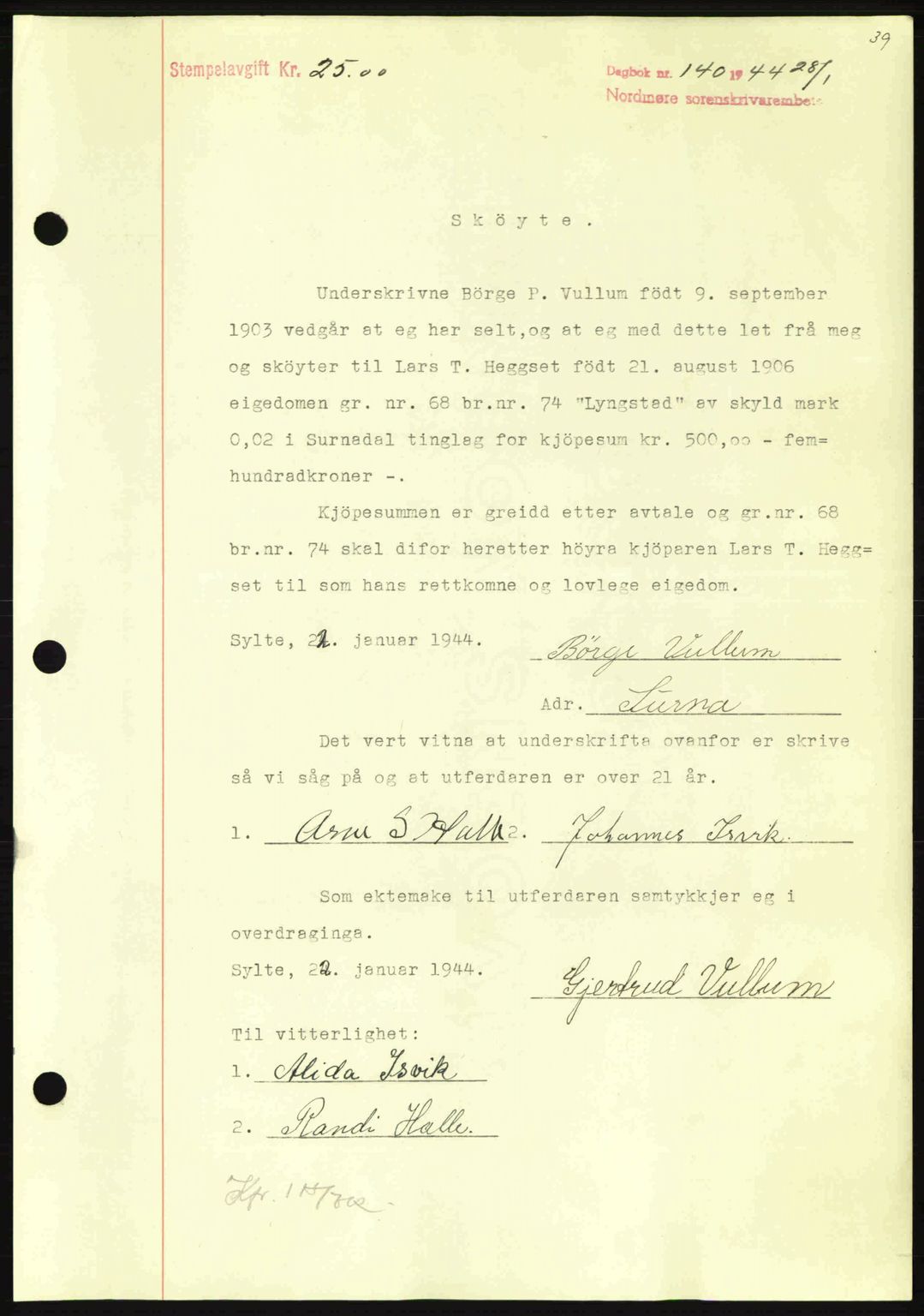 Nordmøre sorenskriveri, AV/SAT-A-4132/1/2/2Ca: Mortgage book no. A97, 1944-1944, Diary no: : 140/1944