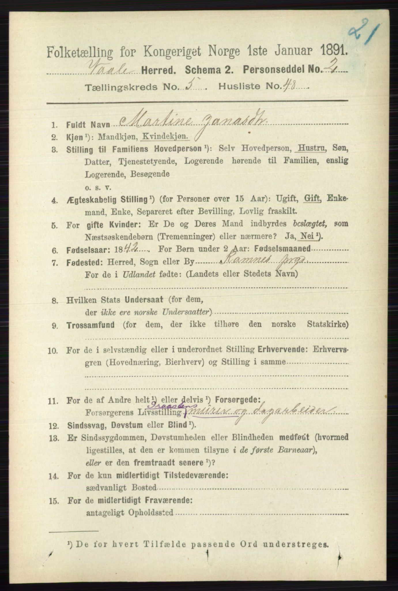 RA, 1891 census for 0716 Våle, 1891, p. 1681