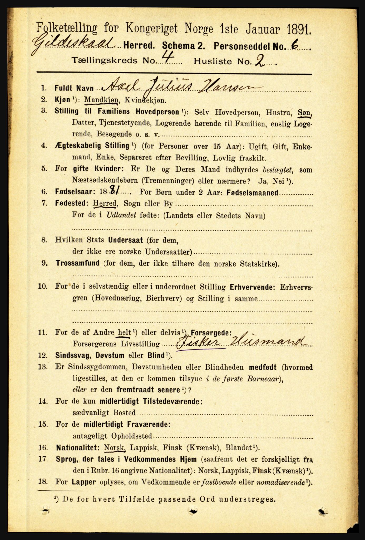 RA, 1891 census for 1838 Gildeskål, 1891, p. 1077