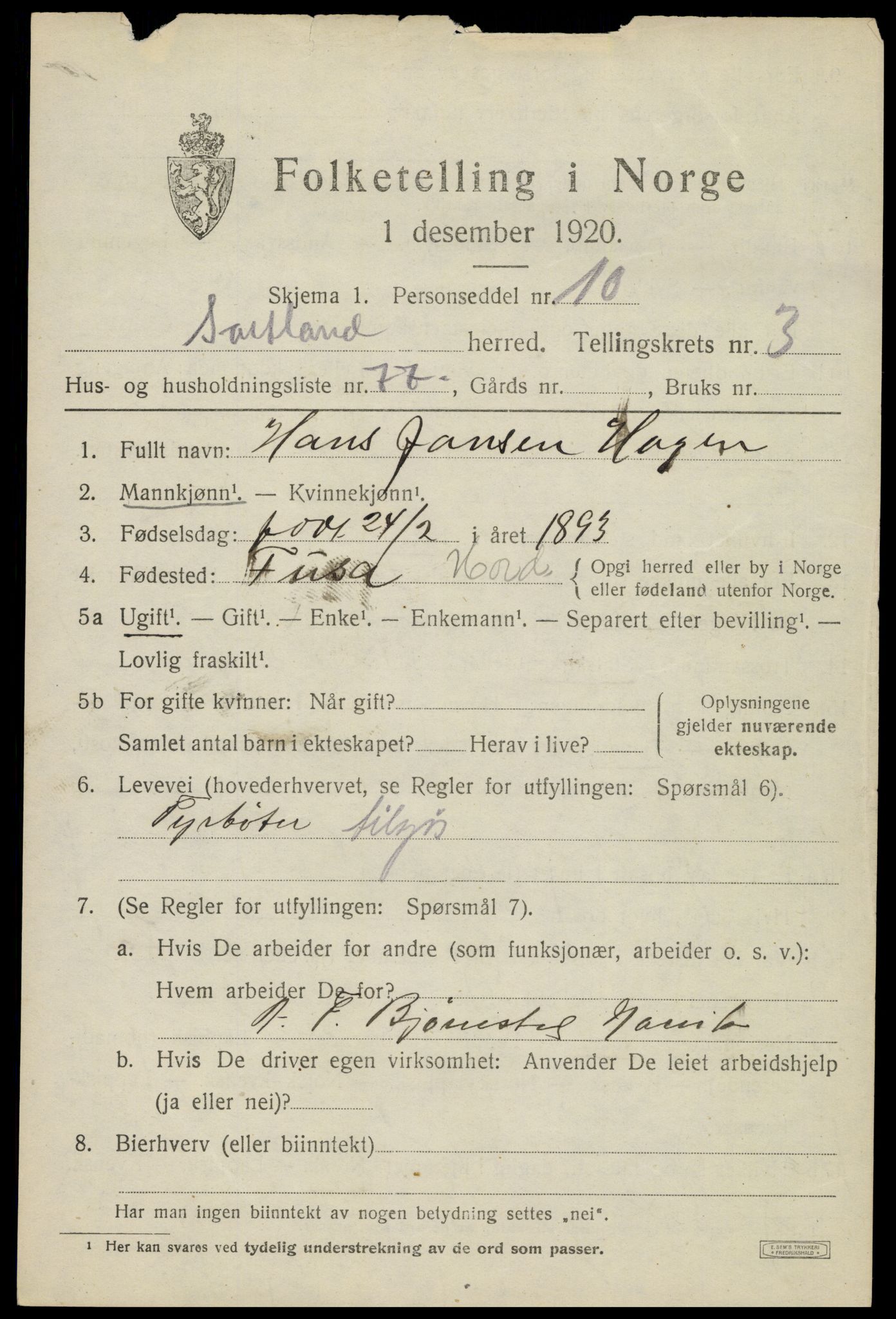 SAT, 1920 census for Sortland, 1920, p. 4822