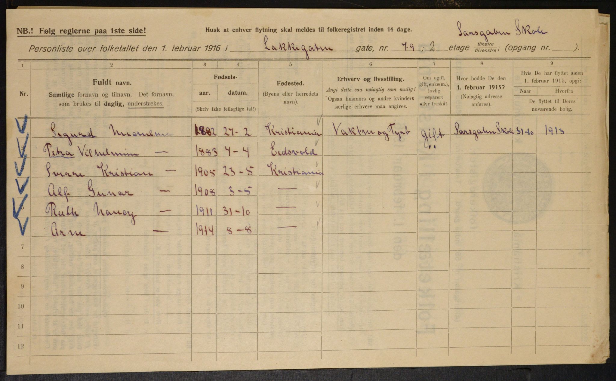 OBA, Municipal Census 1916 for Kristiania, 1916, p. 57453