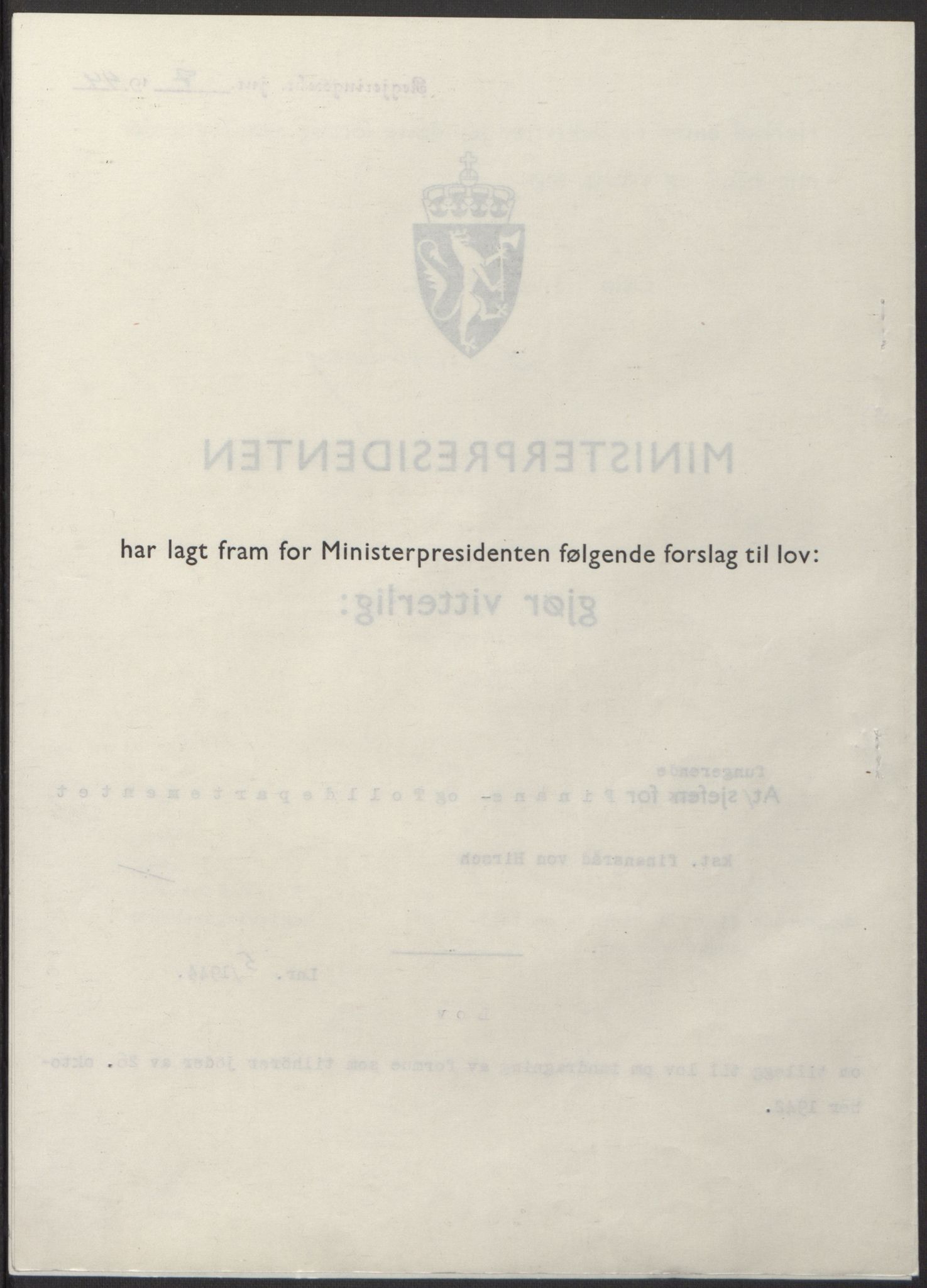 NS-administrasjonen 1940-1945 (Statsrådsekretariatet, de kommisariske statsråder mm), AV/RA-S-4279/D/Db/L0100: Lover, 1944, p. 22