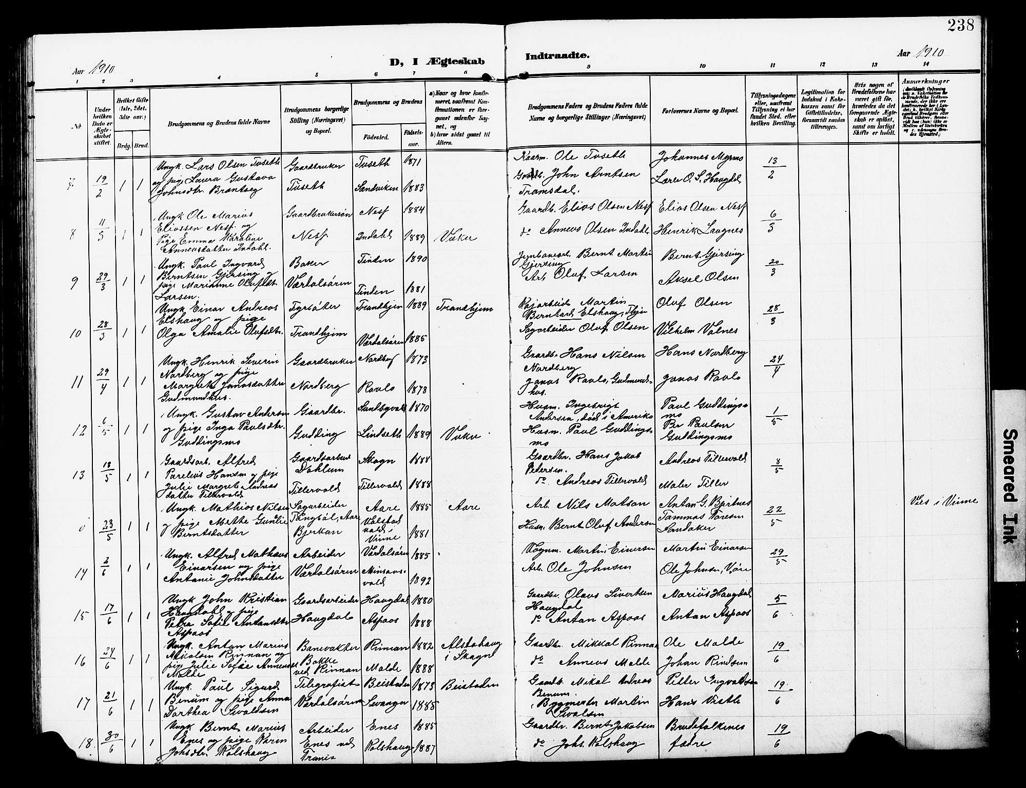 Ministerialprotokoller, klokkerbøker og fødselsregistre - Nord-Trøndelag, AV/SAT-A-1458/723/L0258: Parish register (copy) no. 723C06, 1908-1927, p. 238