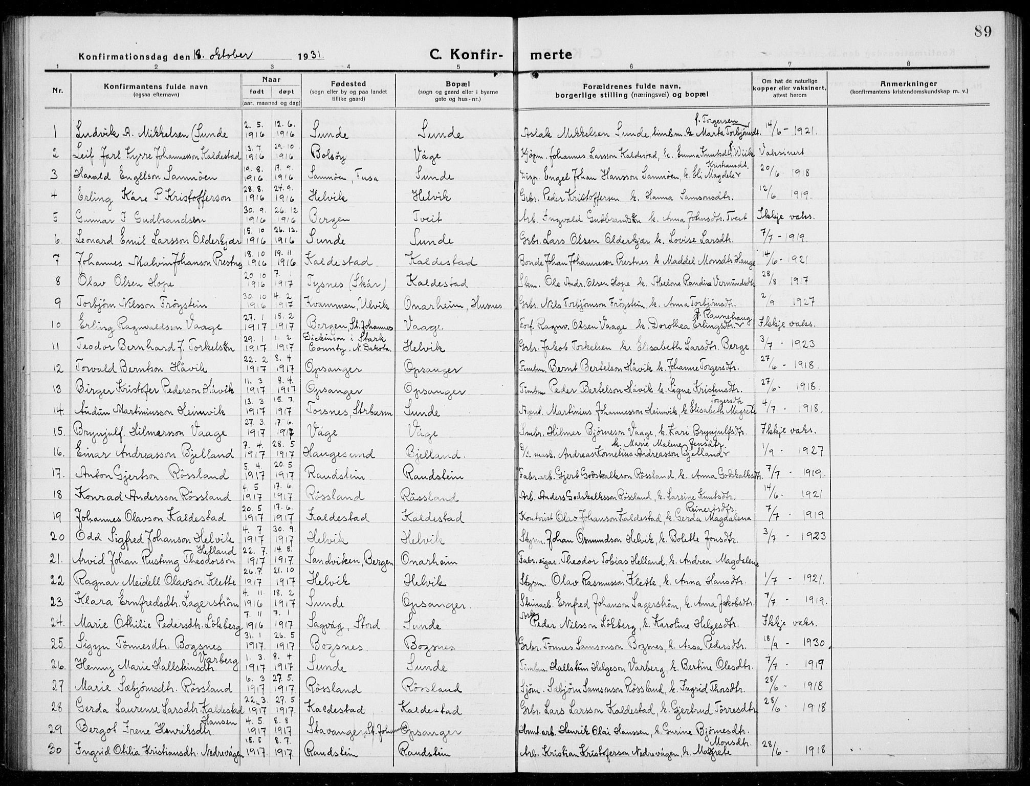 Husnes Sokneprestembete, SAB/A-75901/H/Hab: Parish register (copy) no. A  3, 1915-1936, p. 89