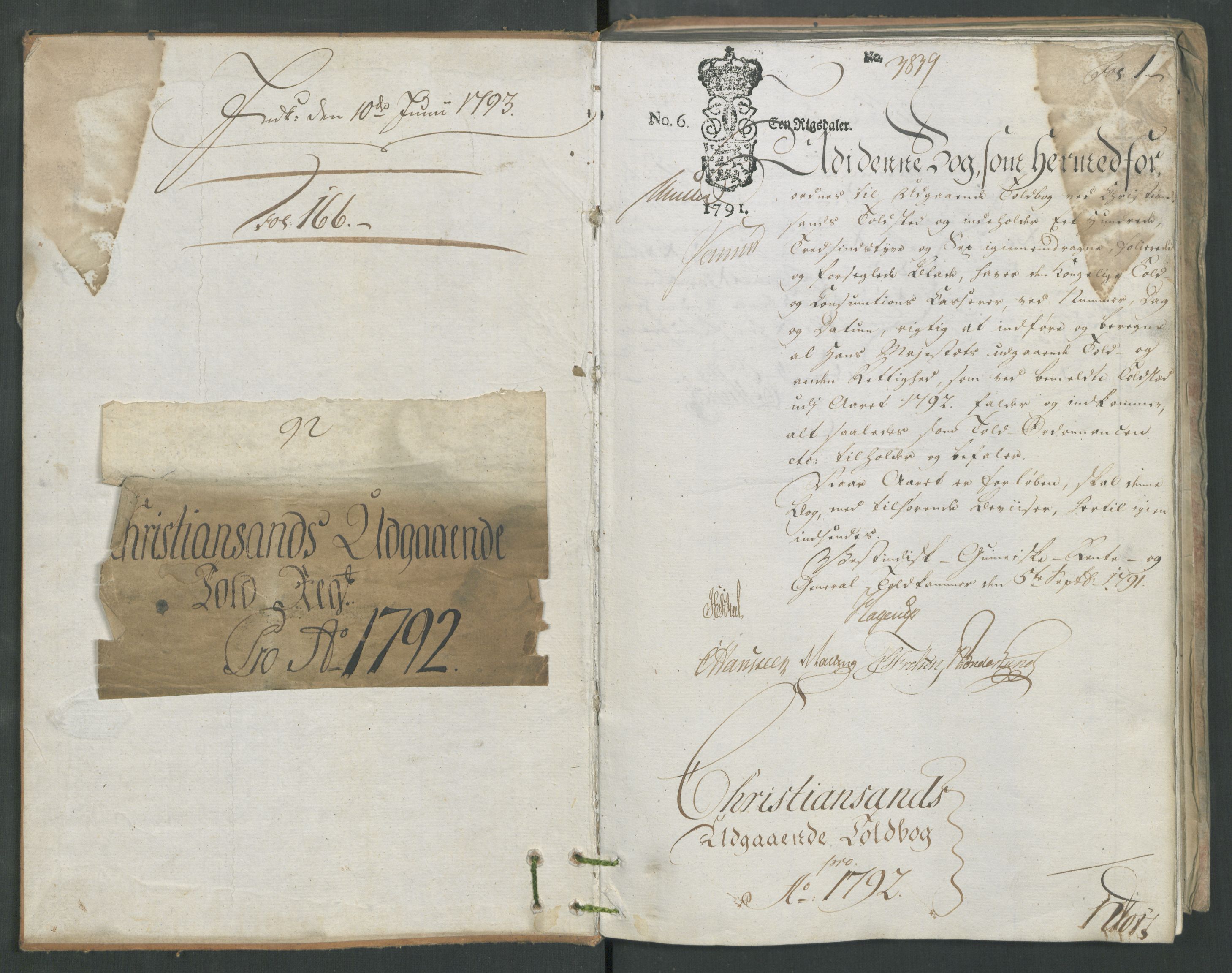 Generaltollkammeret, tollregnskaper, RA/EA-5490/R16/L0115/0002: Tollregnskaper Kristiansand / Utgående tollbok, 1790-1792, p. 1a