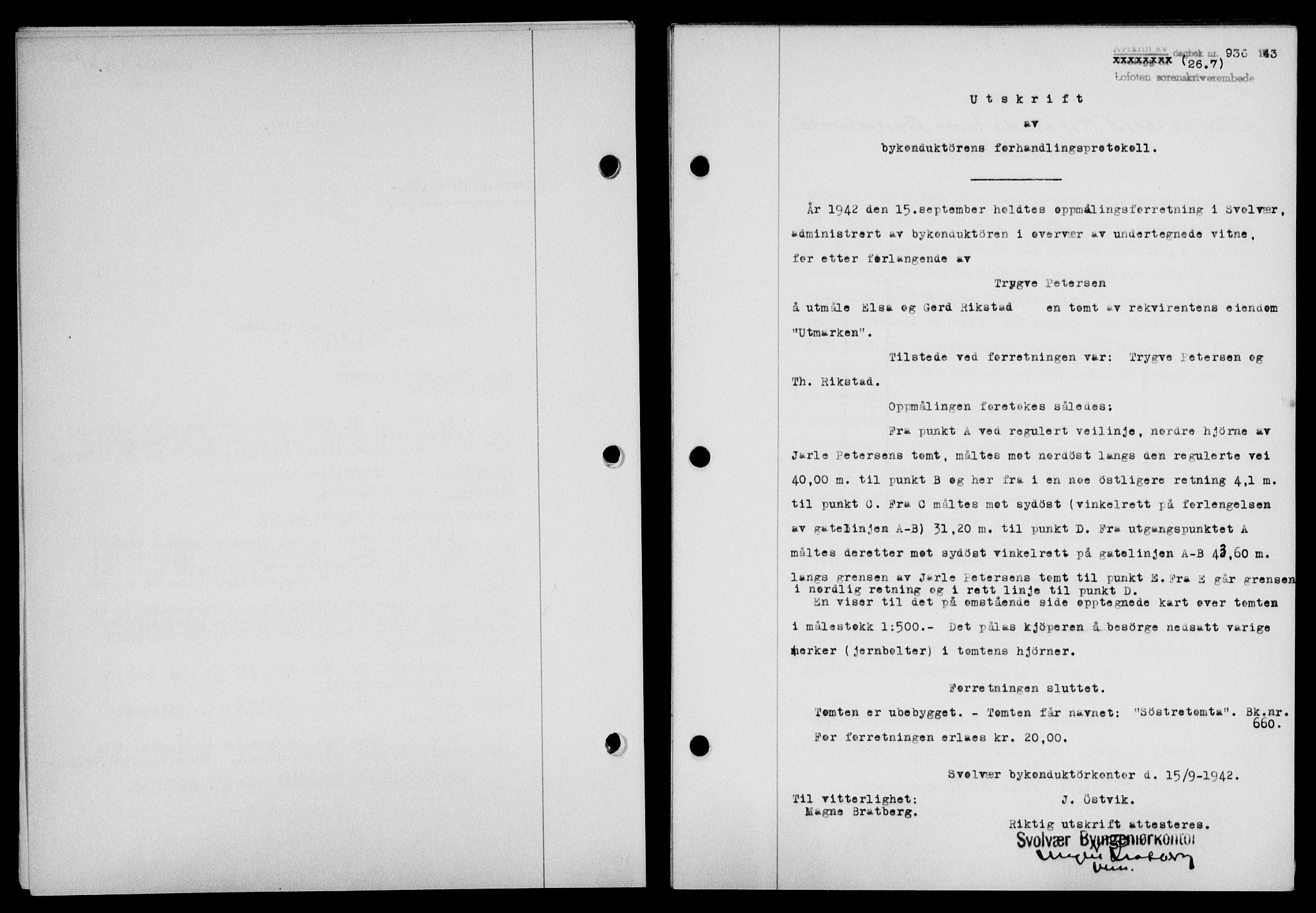 Lofoten sorenskriveri, SAT/A-0017/1/2/2C/L0011a: Mortgage book no. 11a, 1943-1943, Diary no: : 936/1943