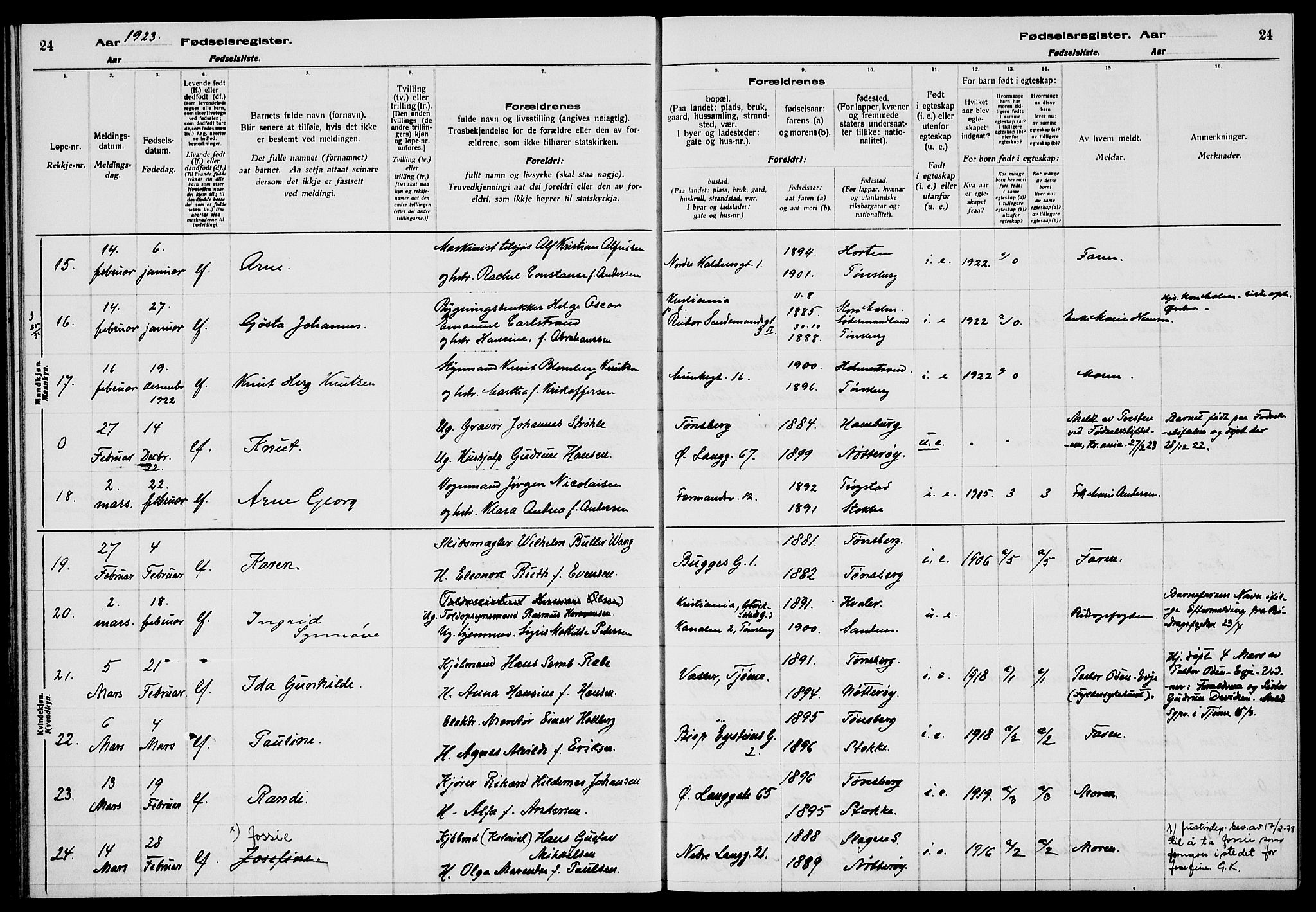 Tønsberg kirkebøker, AV/SAKO-A-330/J/Ja/L0002: Birth register no. 2, 1922-1928, p. 24