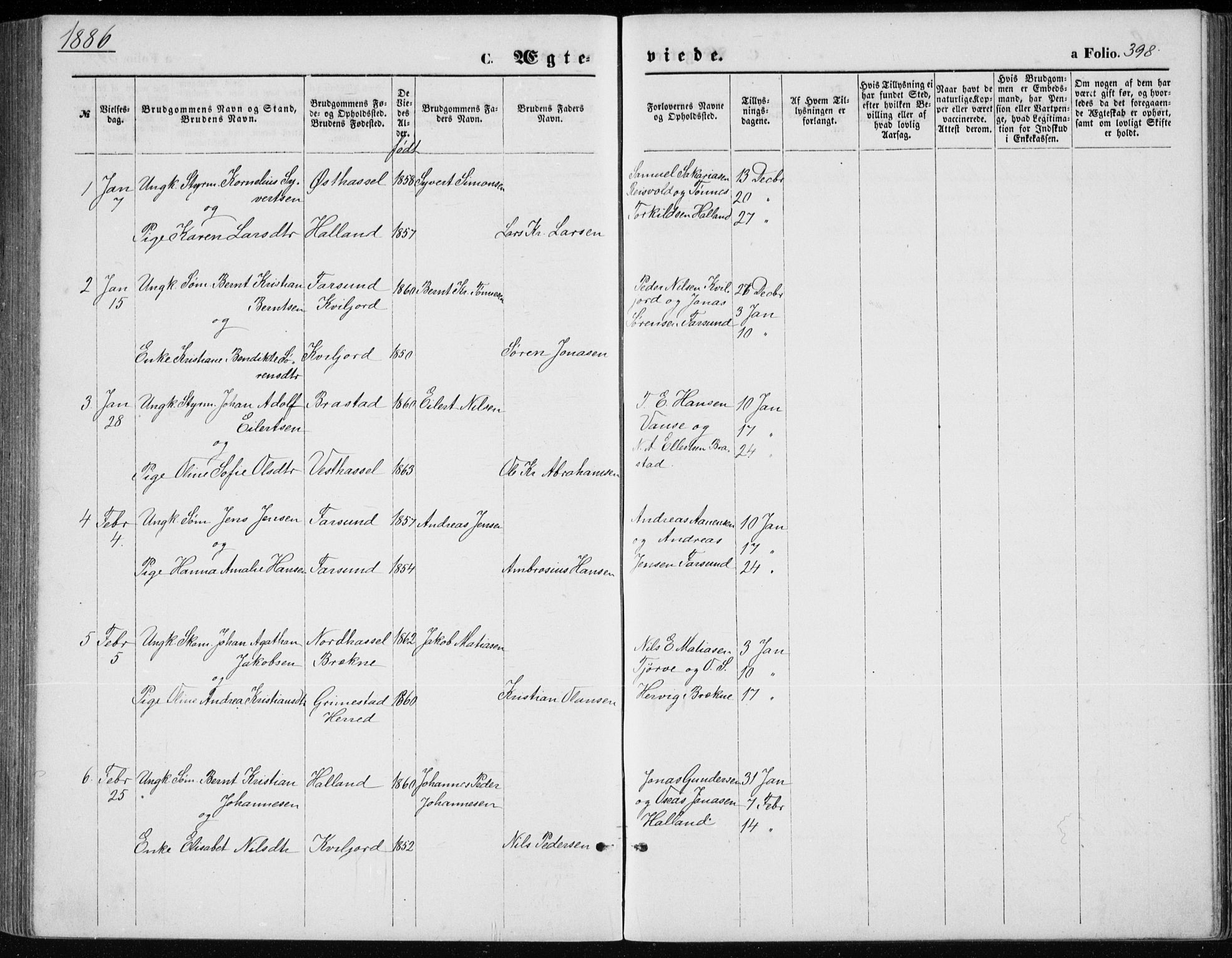 Lista sokneprestkontor, AV/SAK-1111-0027/F/Fb/L0004: Parish register (copy) no. B 4, 1877-1891, p. 398