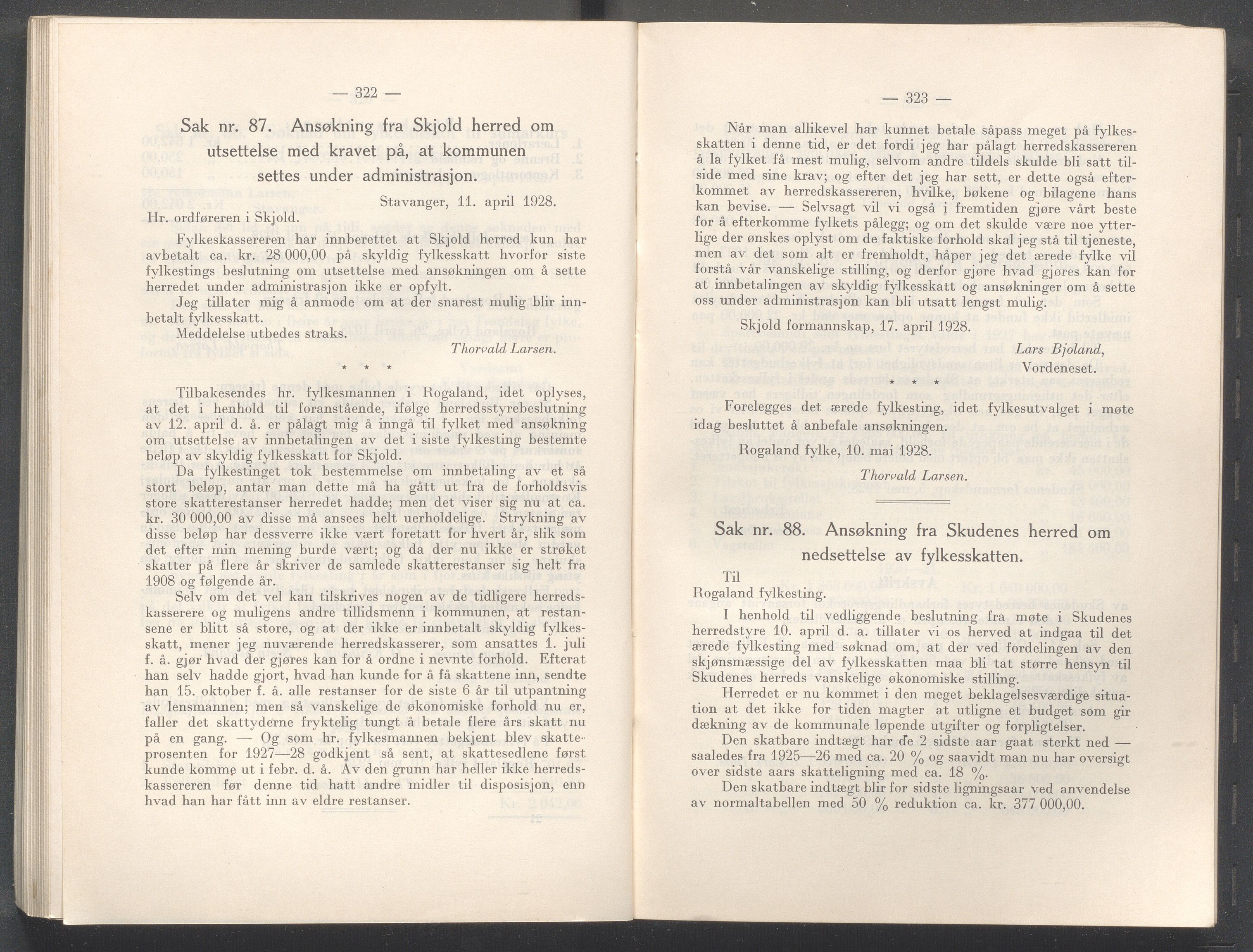 Rogaland fylkeskommune - Fylkesrådmannen , IKAR/A-900/A/Aa/Aaa/L0047: Møtebok , 1928, p. 322-323