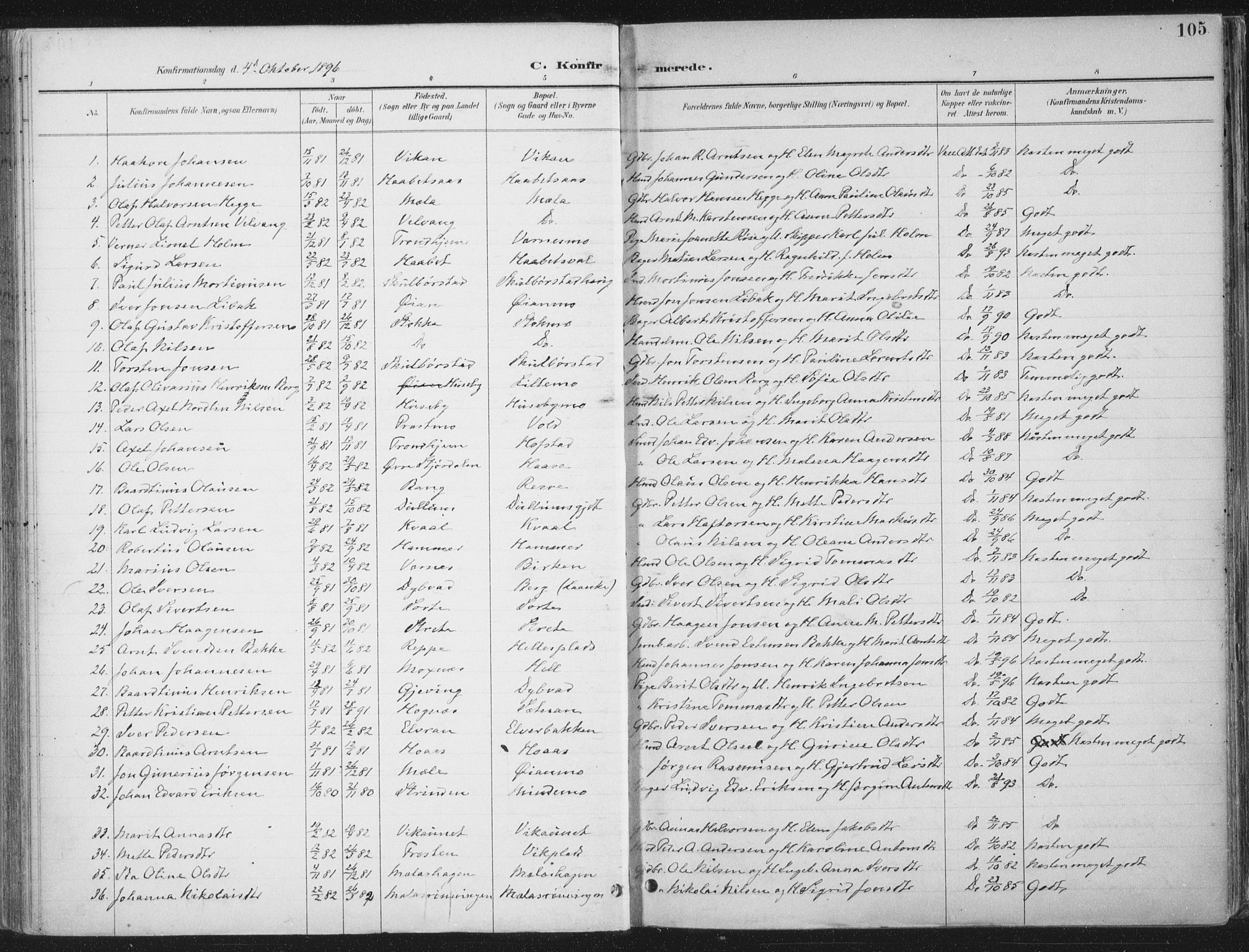 Ministerialprotokoller, klokkerbøker og fødselsregistre - Nord-Trøndelag, SAT/A-1458/709/L0082: Parish register (official) no. 709A22, 1896-1916, p. 105