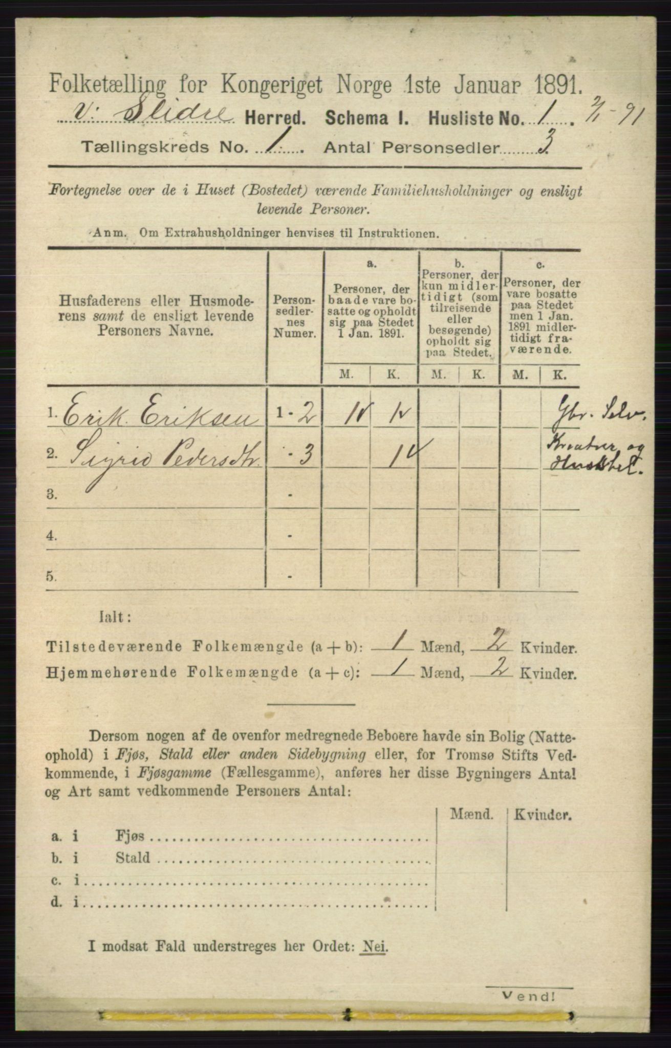 RA, 1891 census for 0543 Vestre Slidre, 1891, p. 29