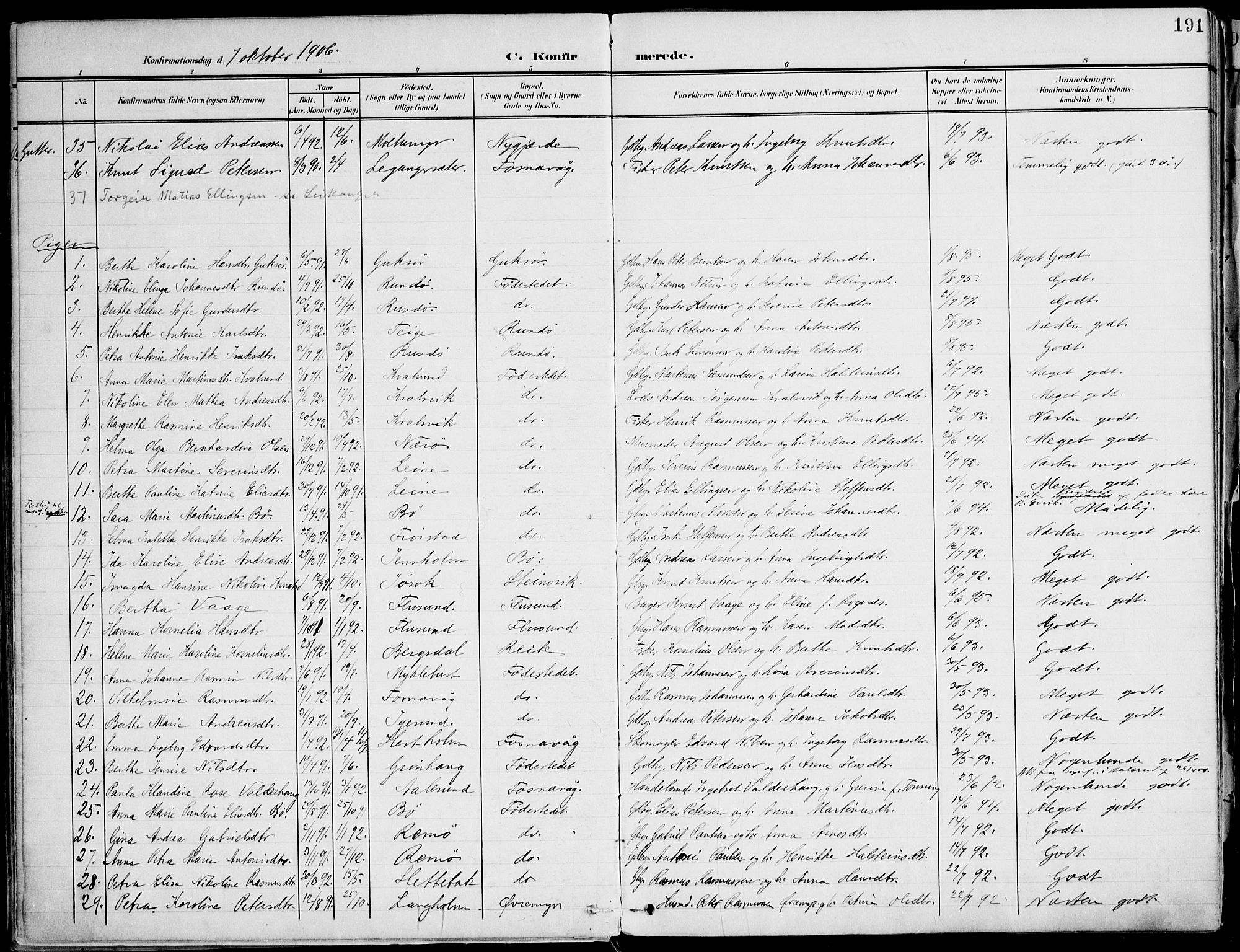 Ministerialprotokoller, klokkerbøker og fødselsregistre - Møre og Romsdal, SAT/A-1454/507/L0075: Parish register (official) no. 507A10, 1901-1920, p. 191