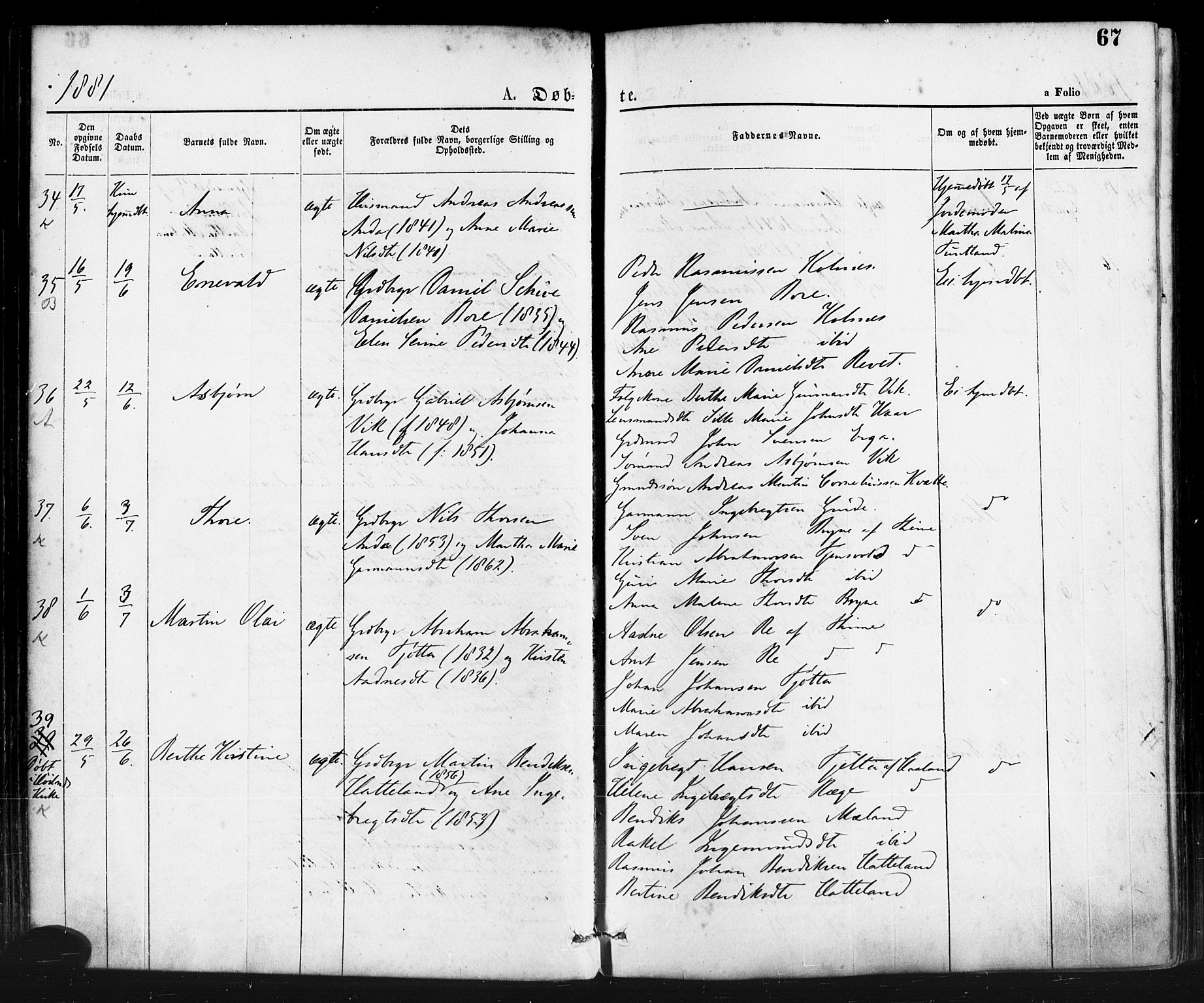 Klepp sokneprestkontor, AV/SAST-A-101803/001/3/30BA/L0006: Parish register (official) no. A 6, 1871-1885, p. 67