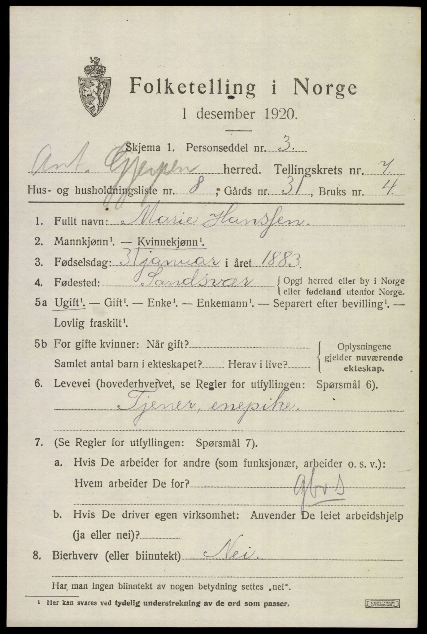 SAKO, 1920 census for Eidanger, 1920, p. 5312