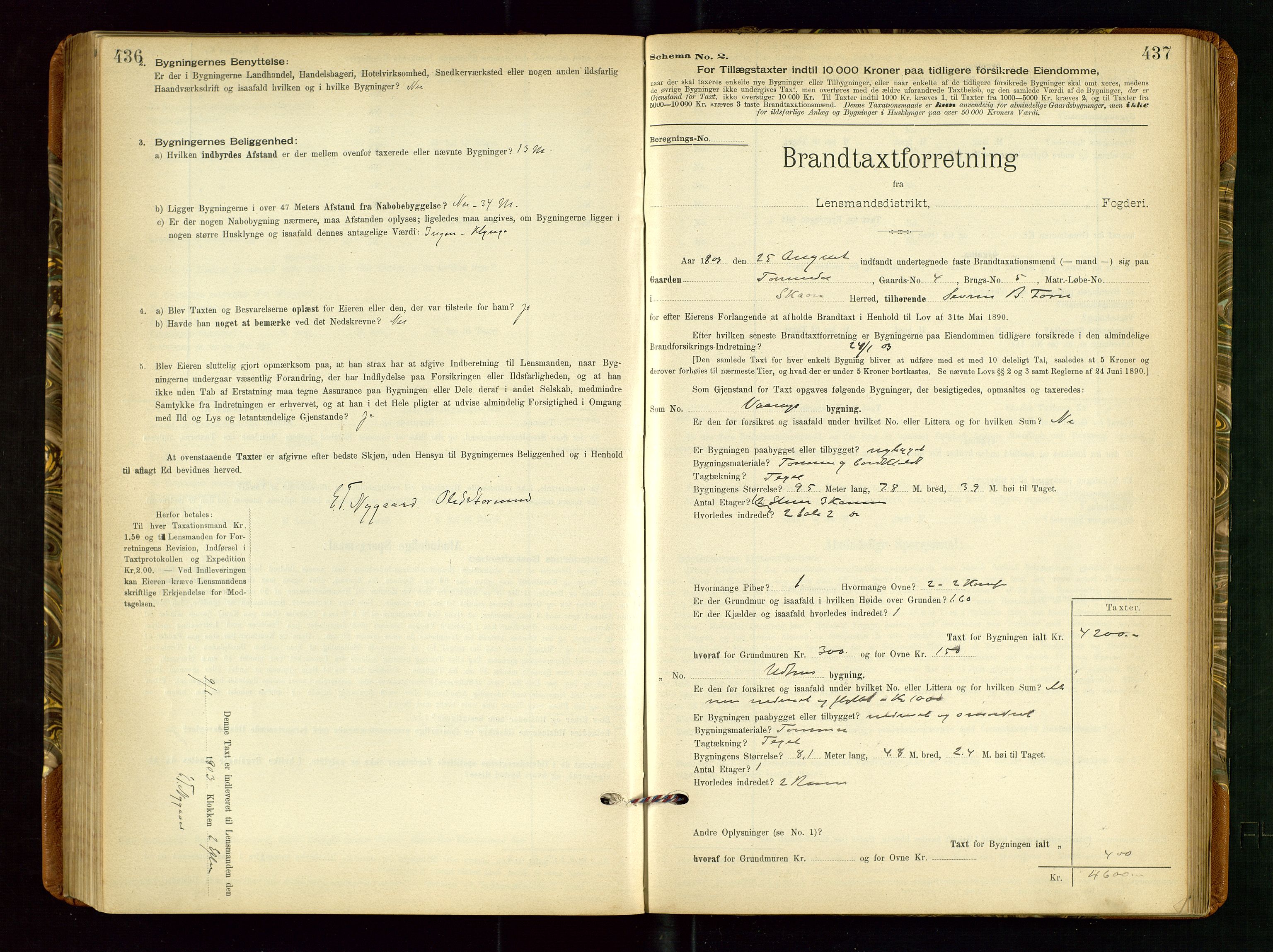 Torvestad lensmannskontor, AV/SAST-A-100307/1/Gob/L0002: "Brandtakstprotokol for Lensmanden i Torvestad", 1900-1905, p. 436-437