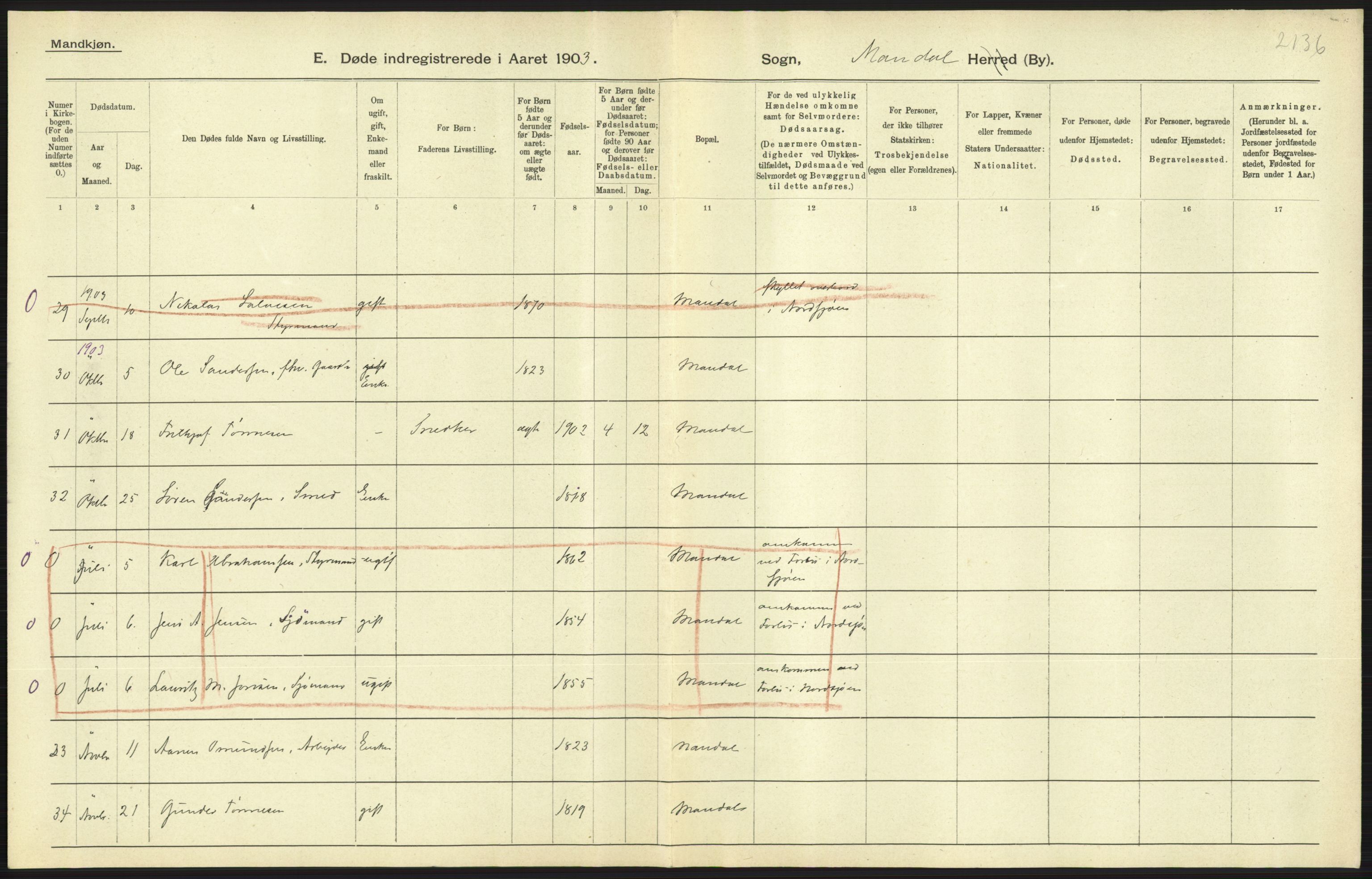 Statistisk sentralbyrå, Sosiodemografiske emner, Befolkning, AV/RA-S-2228/D/Df/Dfa/Dfaa/L0011: Lister og Mandal amt: Fødte, gifte, døde, 1903, p. 525