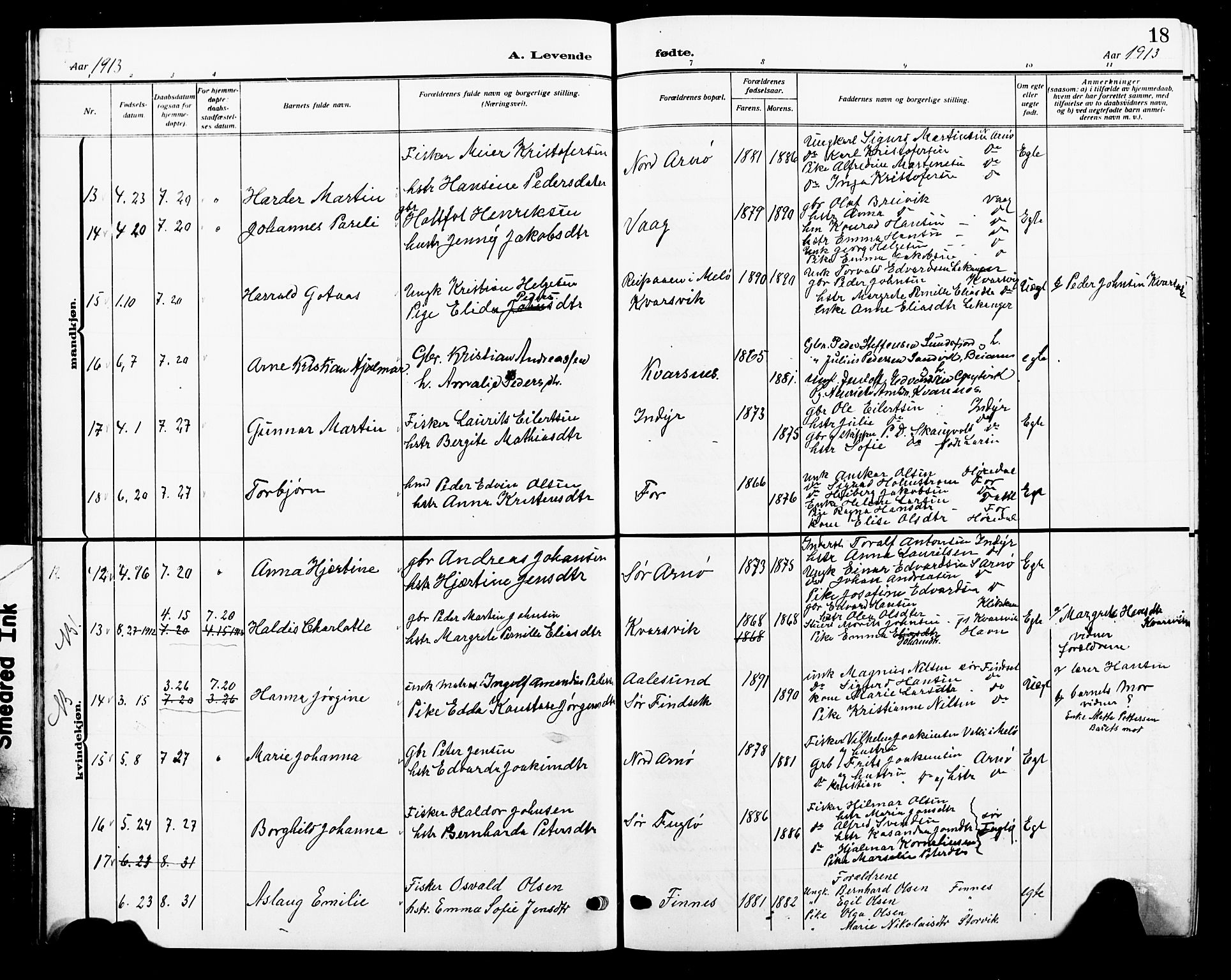 Ministerialprotokoller, klokkerbøker og fødselsregistre - Nordland, AV/SAT-A-1459/805/L0110: Parish register (copy) no. 805C06, 1909-1924, p. 18