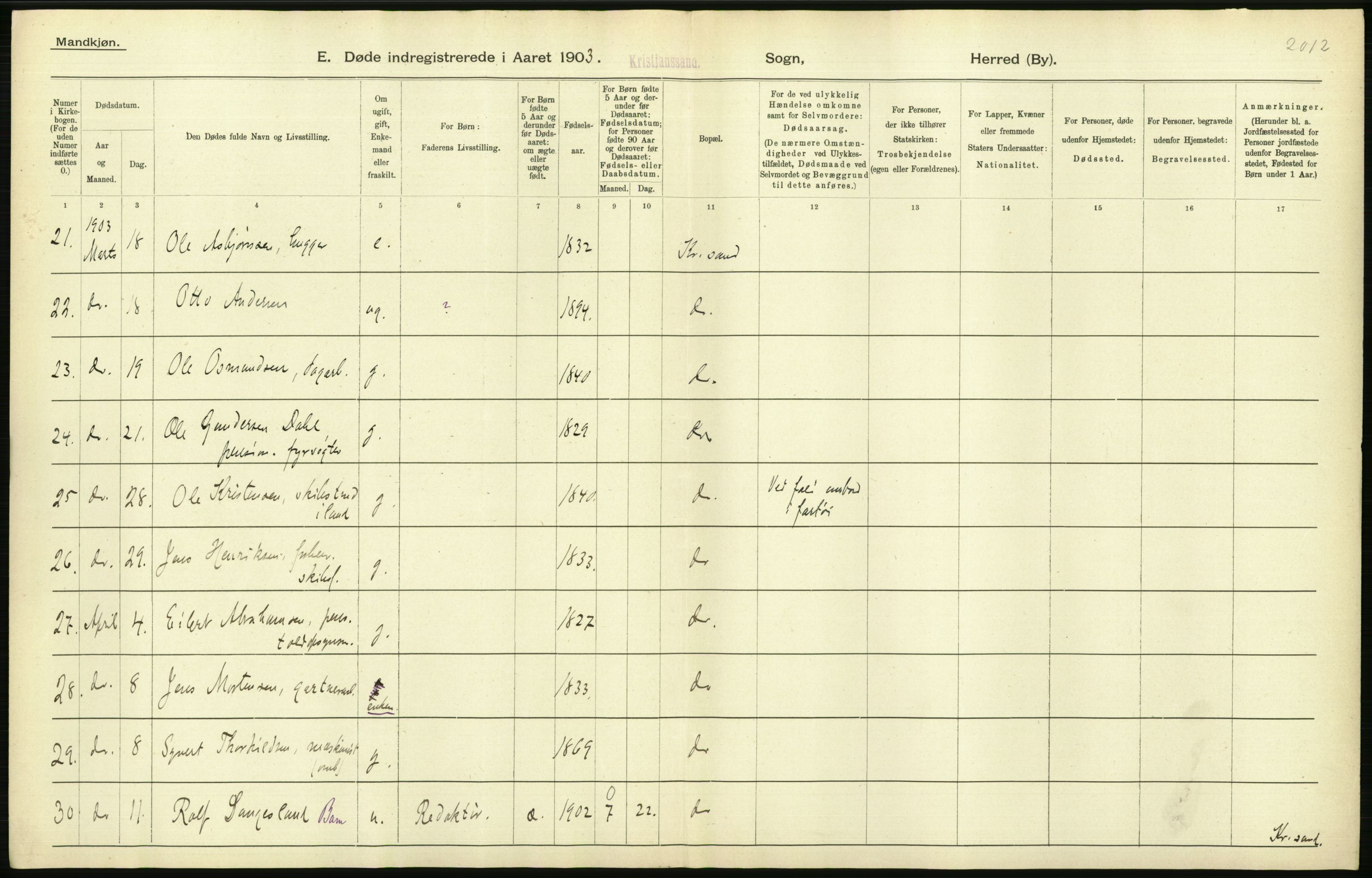 Statistisk sentralbyrå, Sosiodemografiske emner, Befolkning, AV/RA-S-2228/D/Df/Dfa/Dfaa/L0011: Lister og Mandal amt: Fødte, gifte, døde, 1903, p. 548