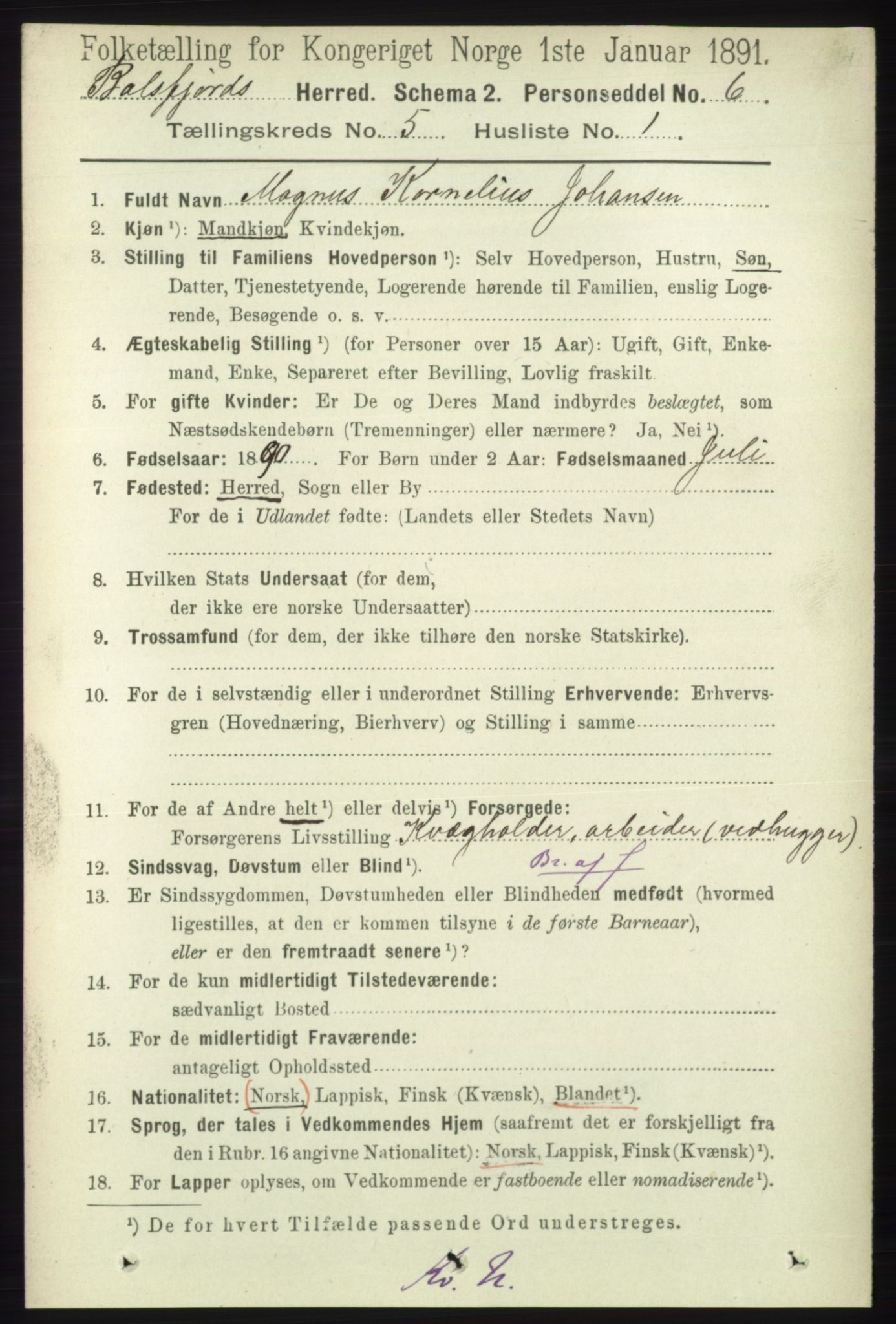 RA, 1891 census for 1933 Balsfjord, 1891, p. 1434