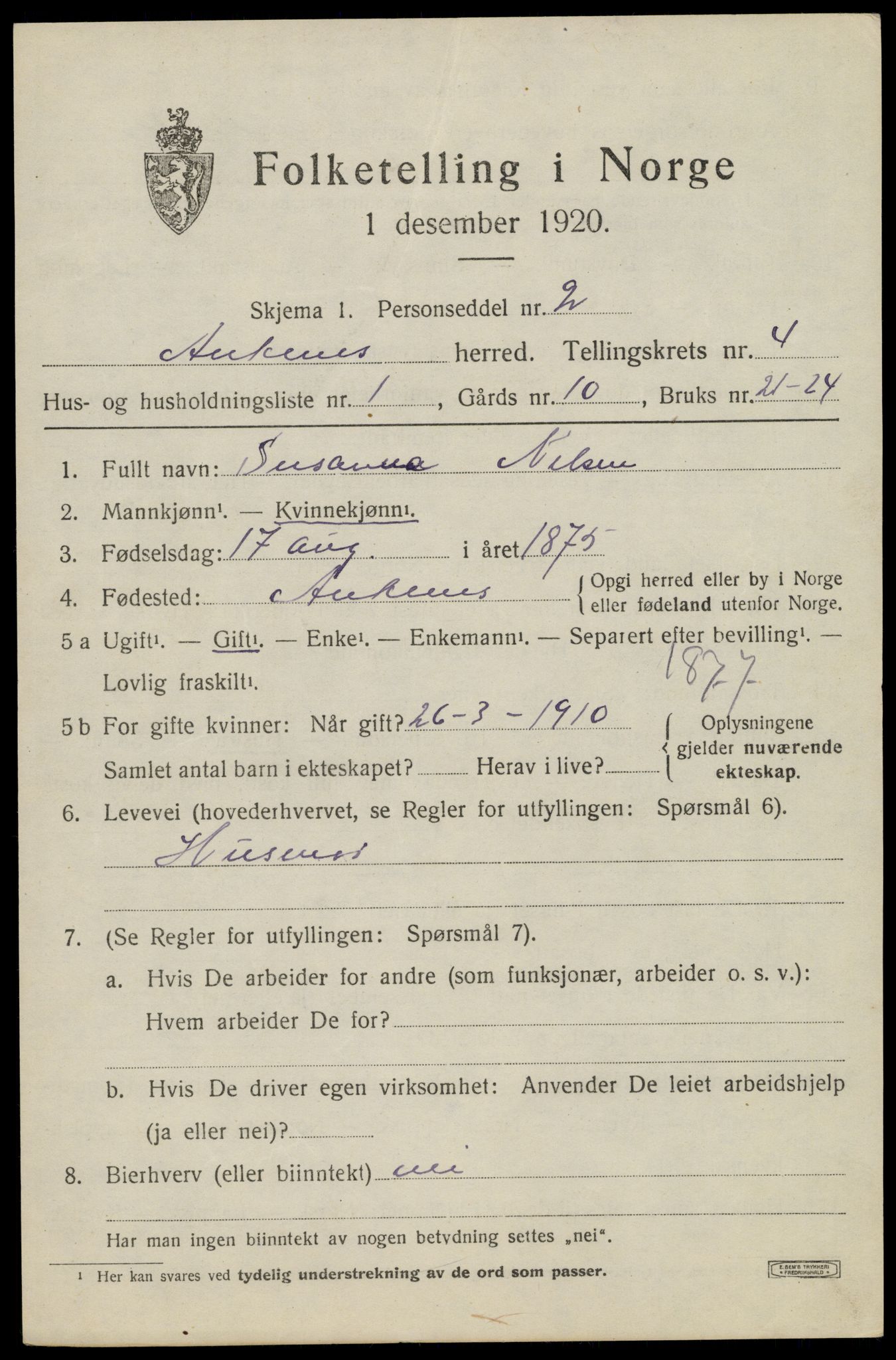 SAT, 1920 census for Ankenes, 1920, p. 2609