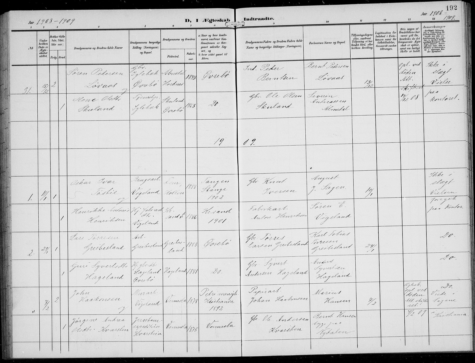 Vennesla sokneprestkontor, AV/SAK-1111-0045/Fb/Fbb/L0005: Parish register (copy) no. B 5, 1903-1913, p. 192