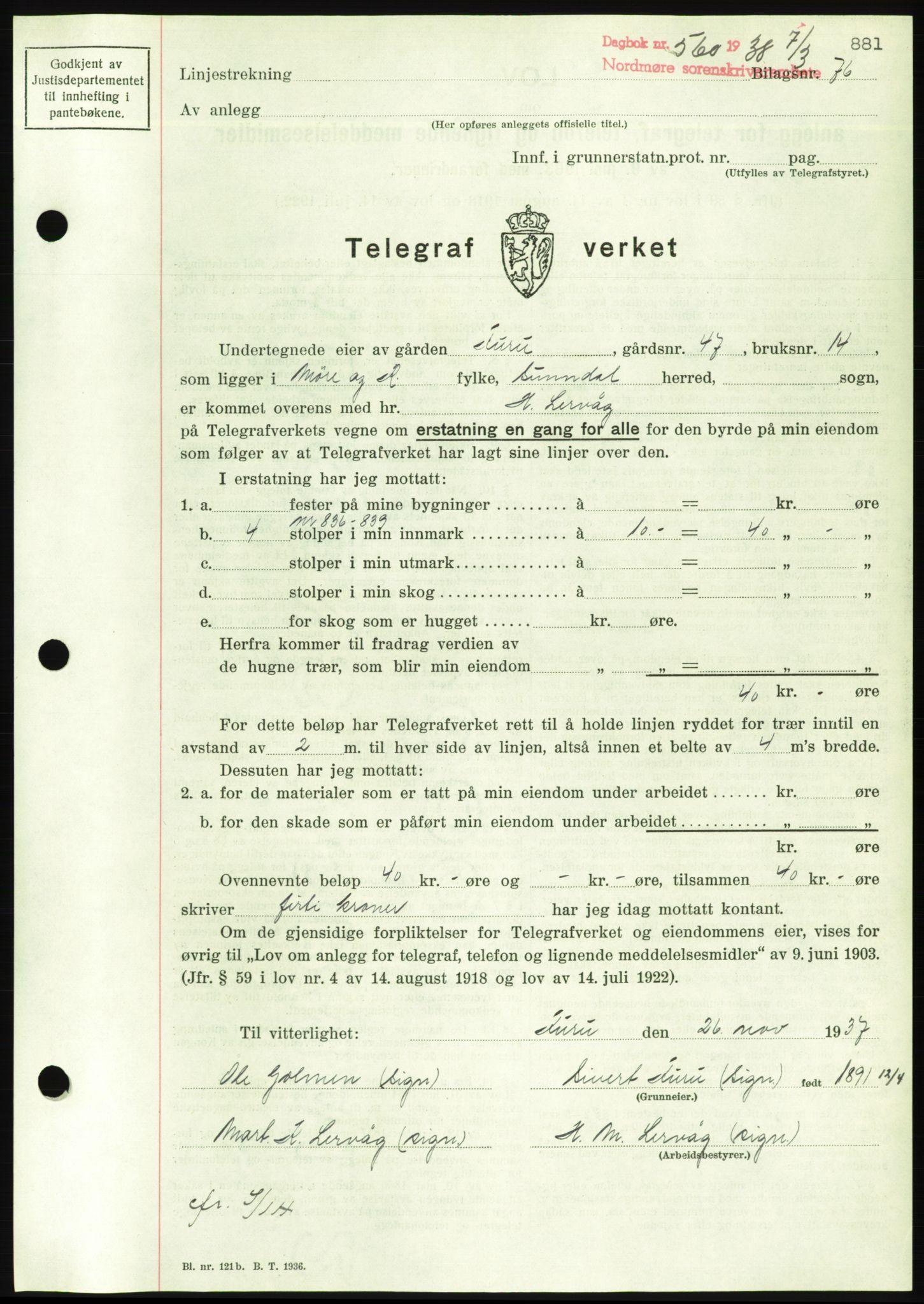 Nordmøre sorenskriveri, AV/SAT-A-4132/1/2/2Ca/L0092: Mortgage book no. B82, 1937-1938, Diary no: : 560/1938