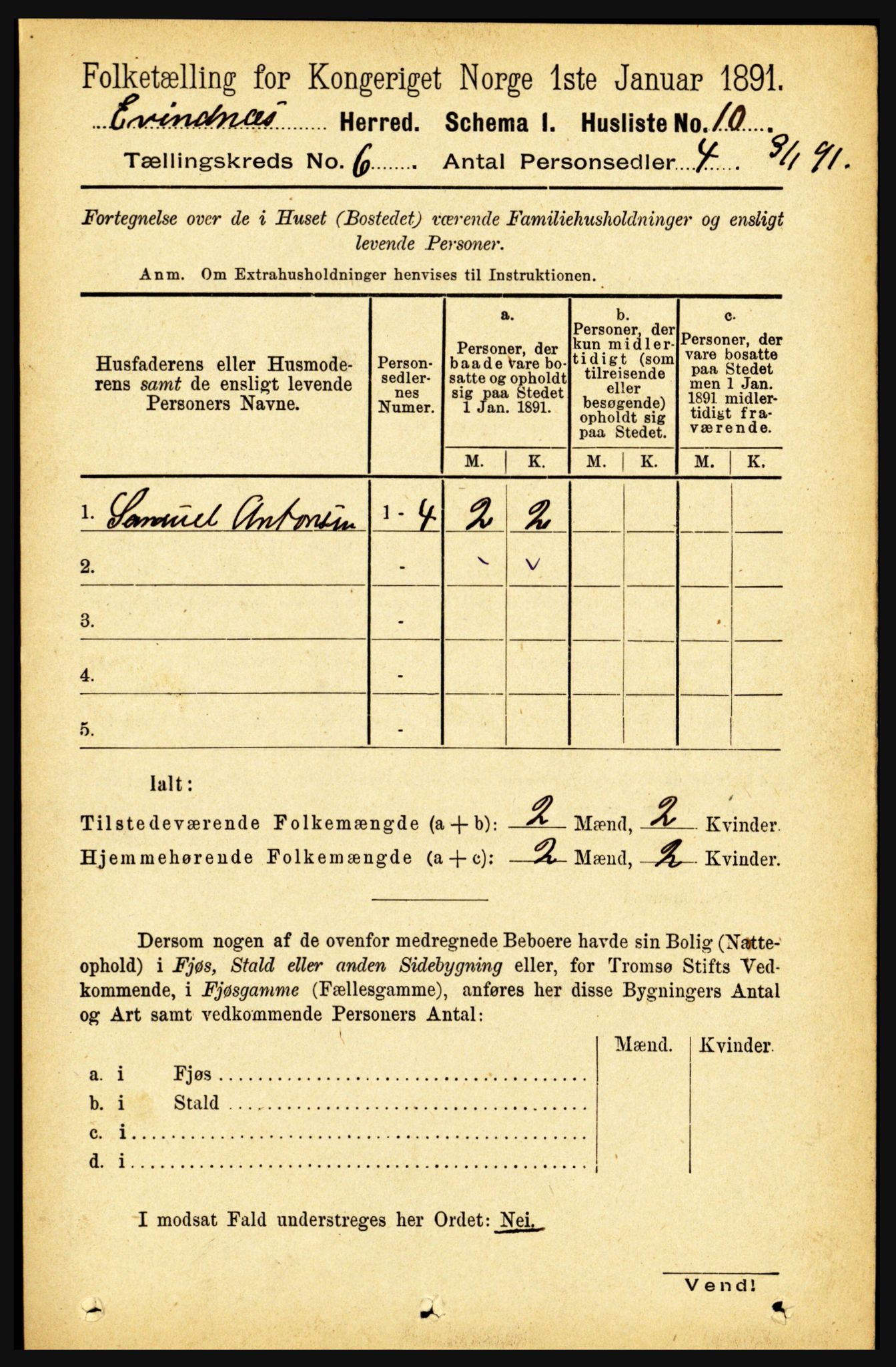 RA, 1891 census for 1853 Evenes, 1891, p. 1894