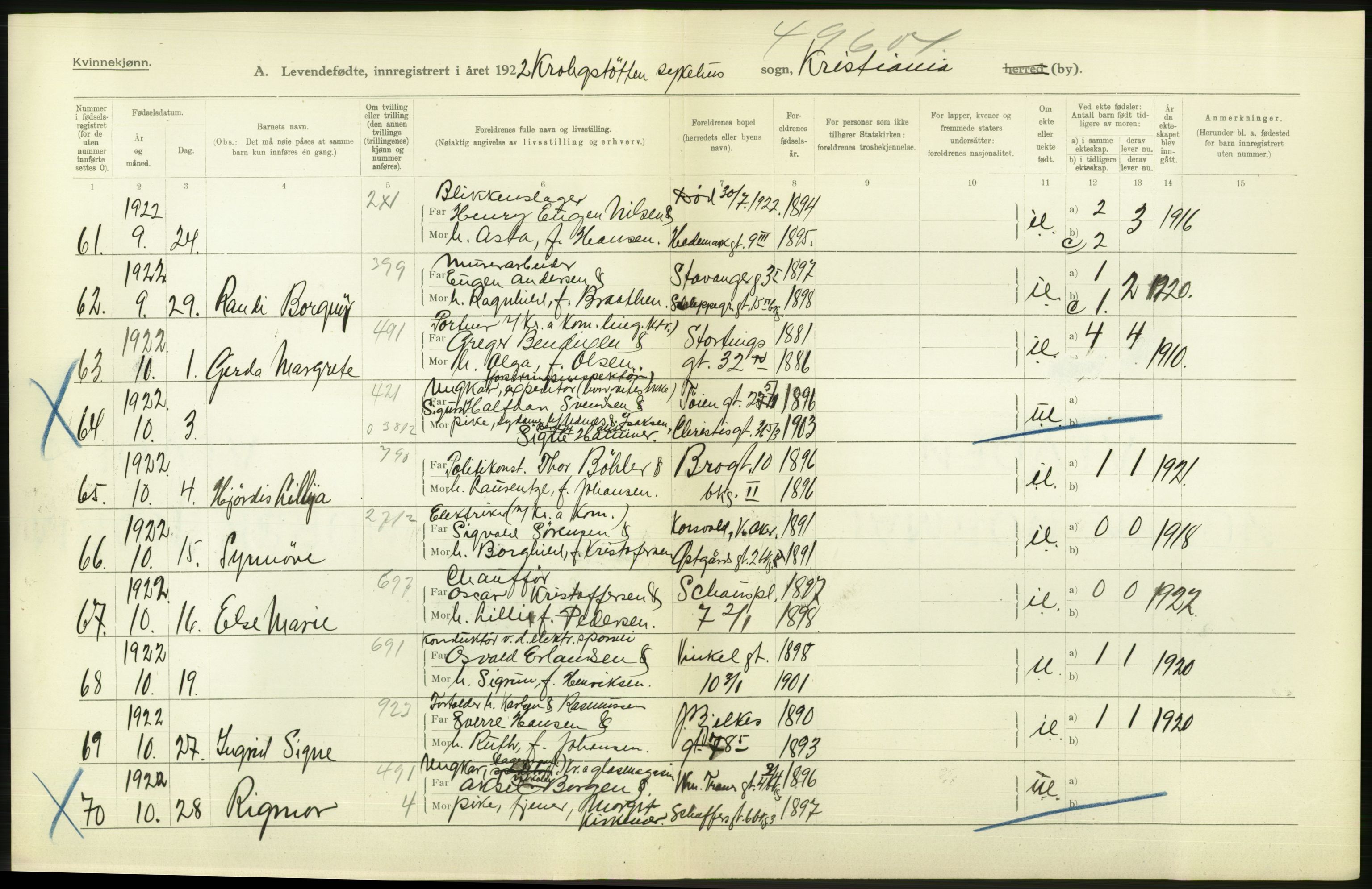 Statistisk sentralbyrå, Sosiodemografiske emner, Befolkning, AV/RA-S-2228/D/Df/Dfc/Dfcb/L0007: Kristiania: Levendefødte menn og kvinner., 1922, p. 210