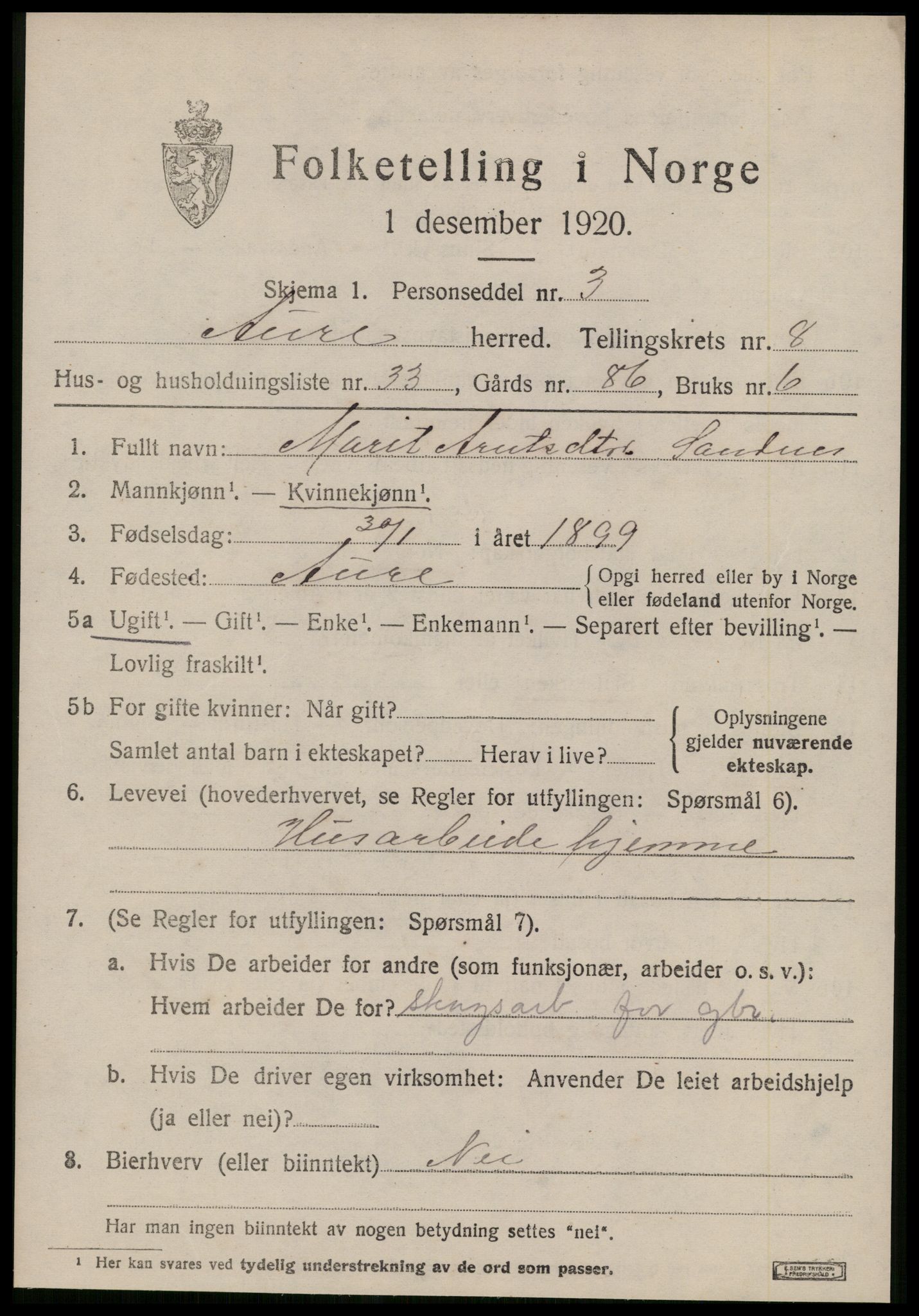 SAT, 1920 census for Aure, 1920, p. 3530