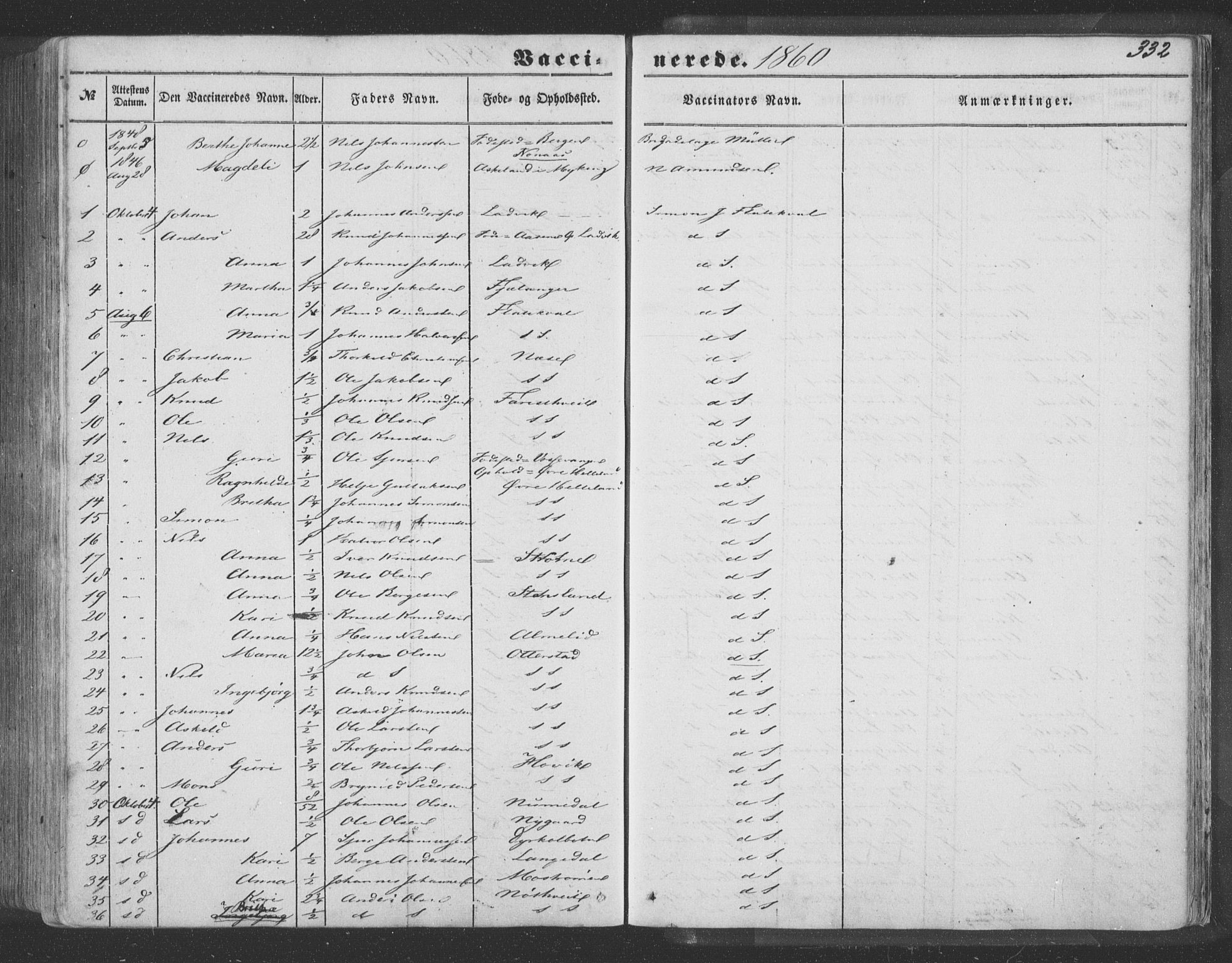 Hosanger sokneprestembete, AV/SAB-A-75801/H/Haa: Parish register (official) no. A 8, 1849-1863, p. 332