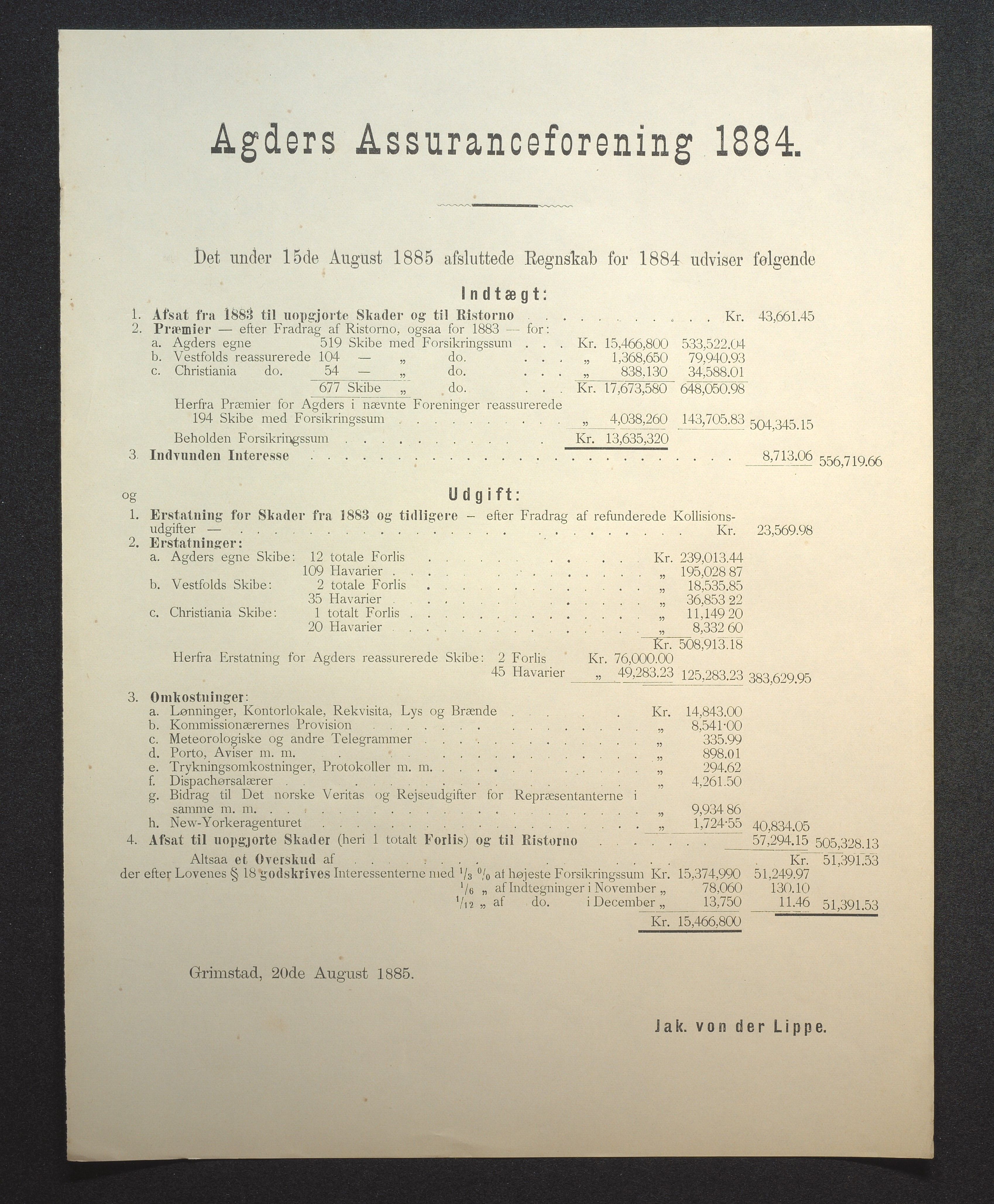 Agders Gjensidige Assuranceforening, AAKS/PA-1718/05/L0002: Regnskap, seilavdeling, pakkesak, 1881-1889