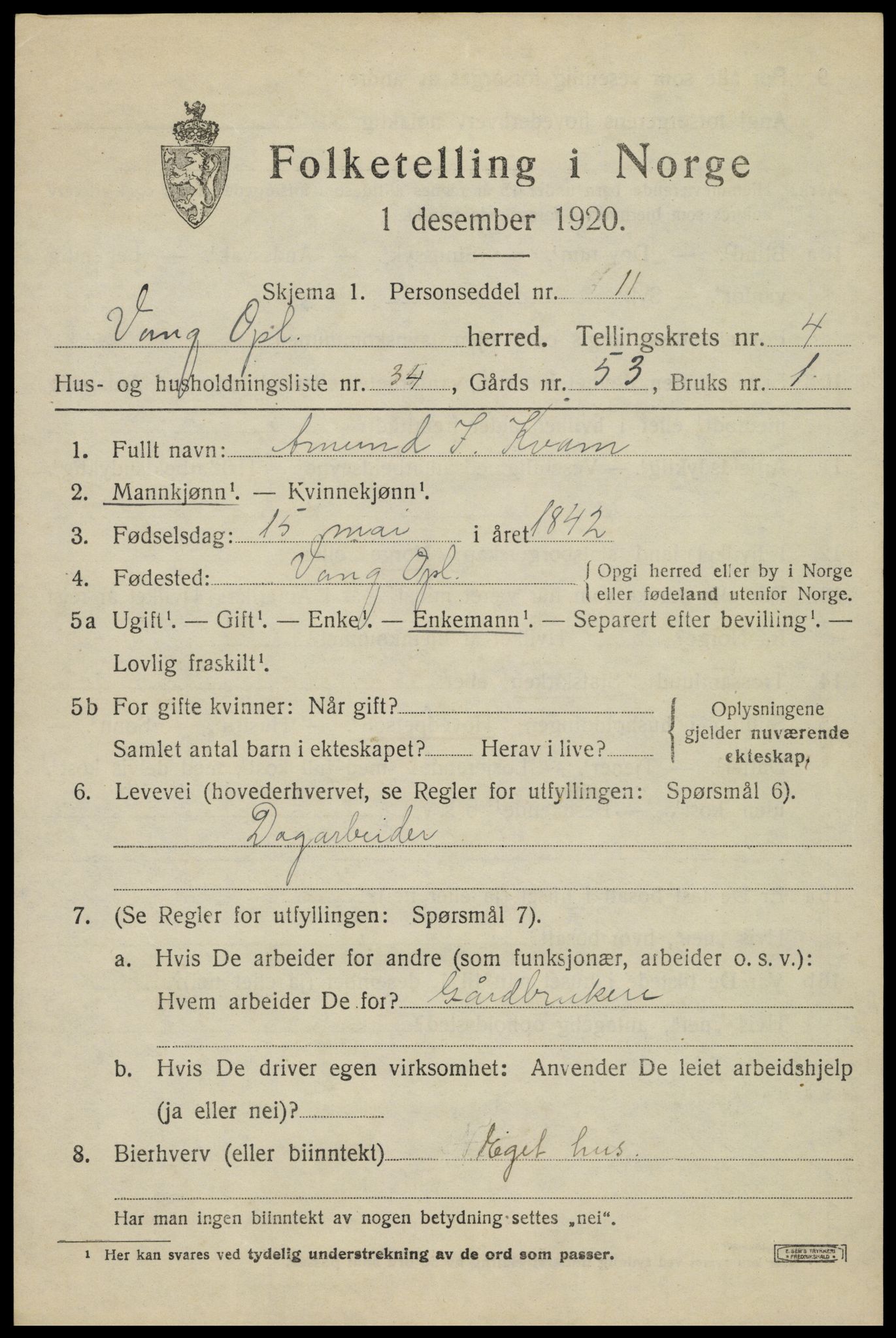 SAH, 1920 census for Vang (Oppland), 1920, p. 2343