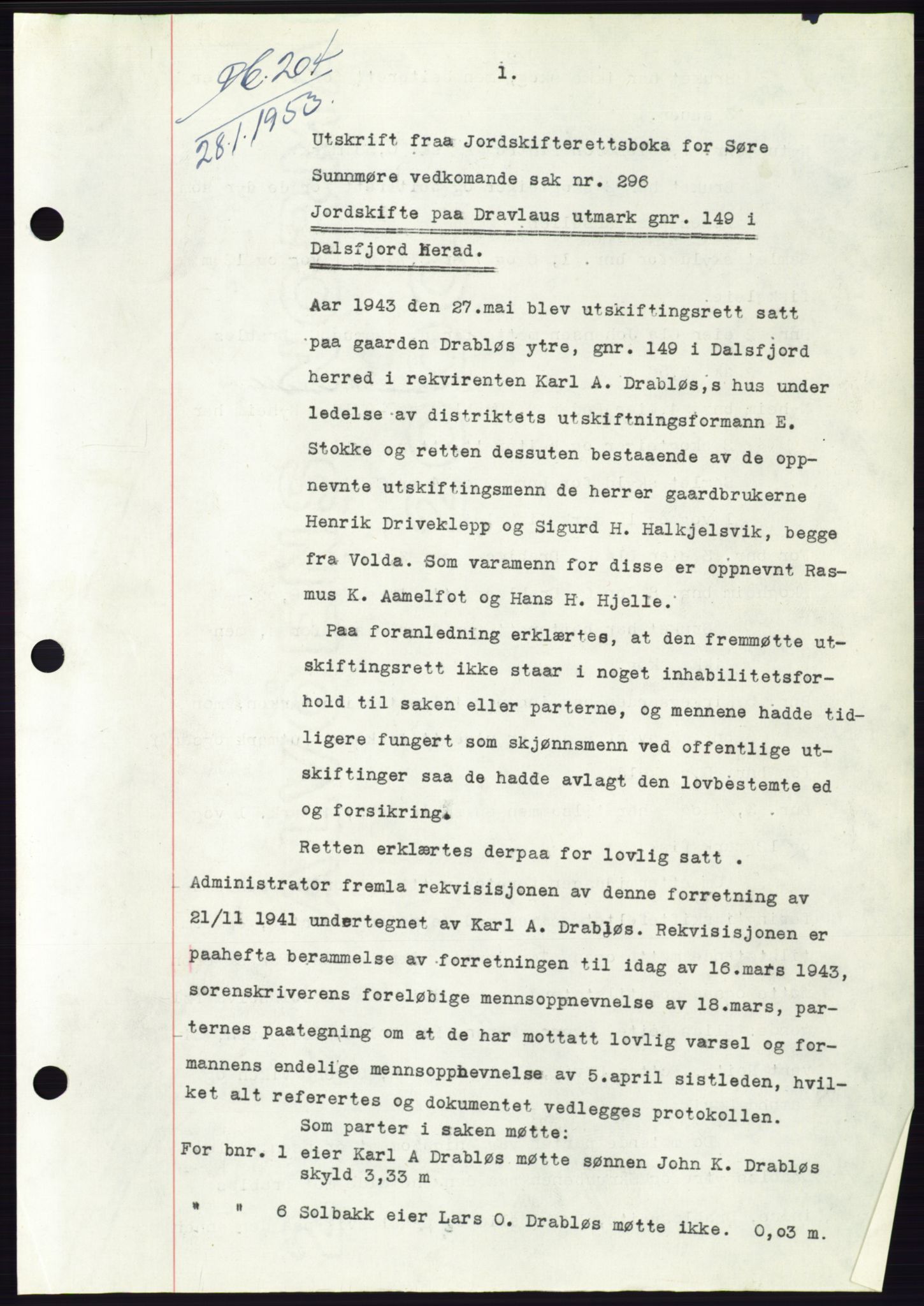 Søre Sunnmøre sorenskriveri, AV/SAT-A-4122/1/2/2C/L0094: Mortgage book no. 20A, 1953-1953, Diary no: : 204/1953