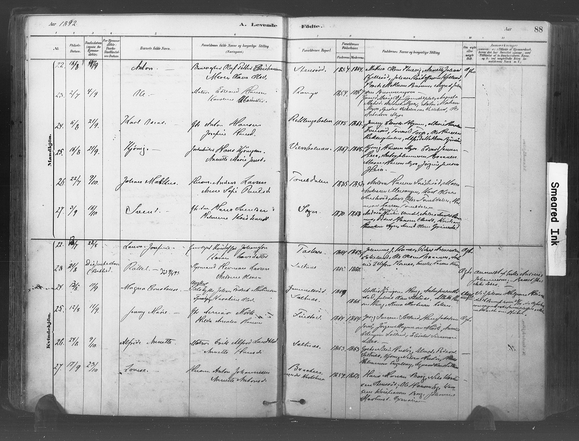 Råde prestekontor kirkebøker, AV/SAO-A-2009/F/Fa/L0007: Parish register (official) no. 7, 1878-1902, p. 88