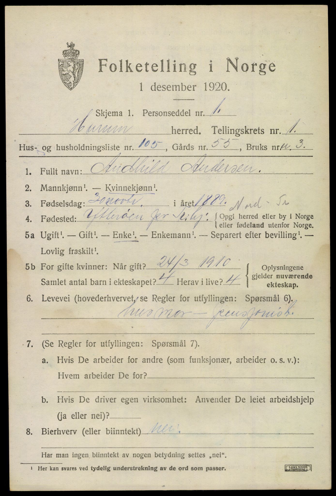 SAKO, 1920 census for Hurum, 1920, p. 3112