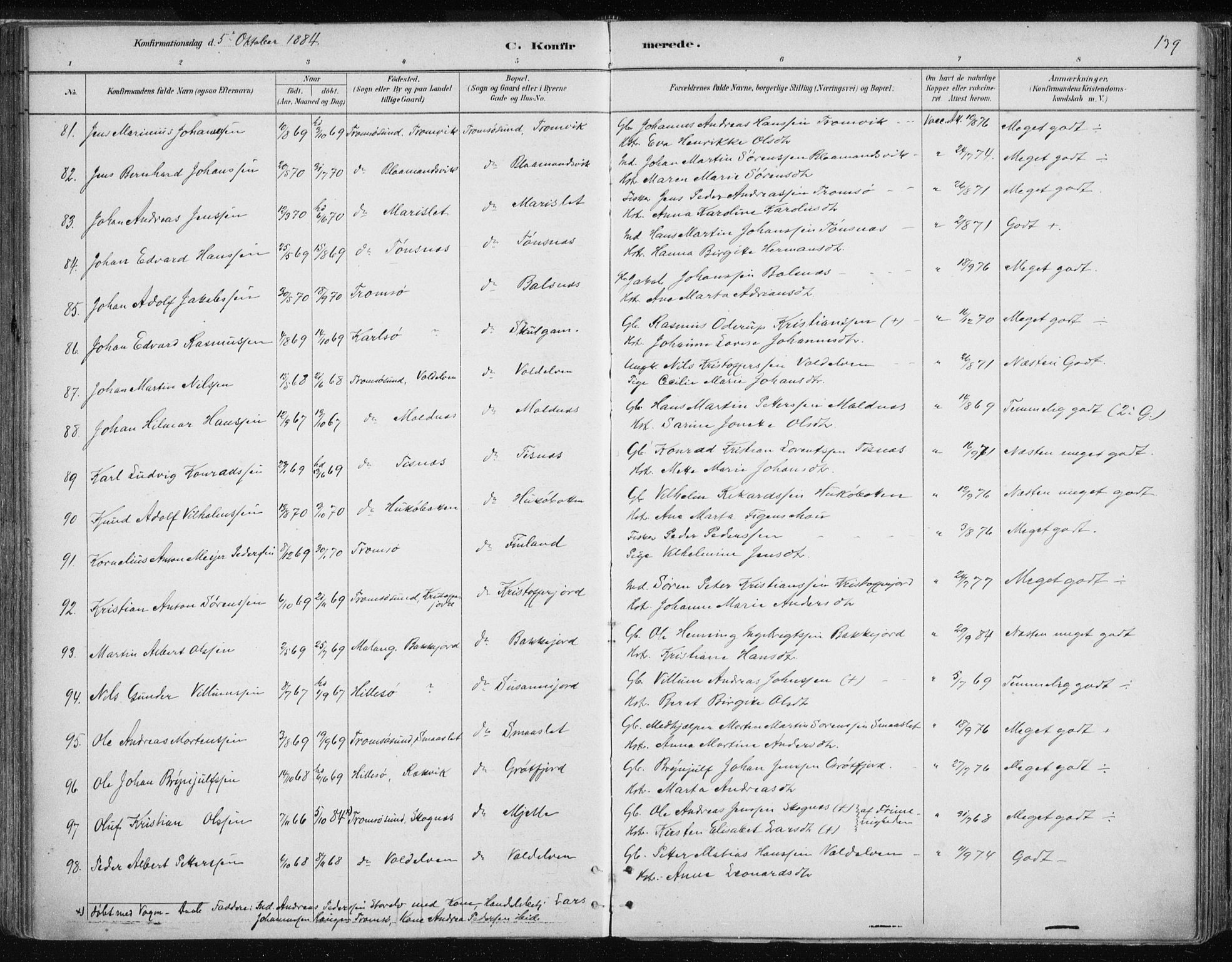 Tromsøysund sokneprestkontor, SATØ/S-1304/G/Ga/L0004kirke: Parish register (official) no. 4, 1880-1888, p. 139