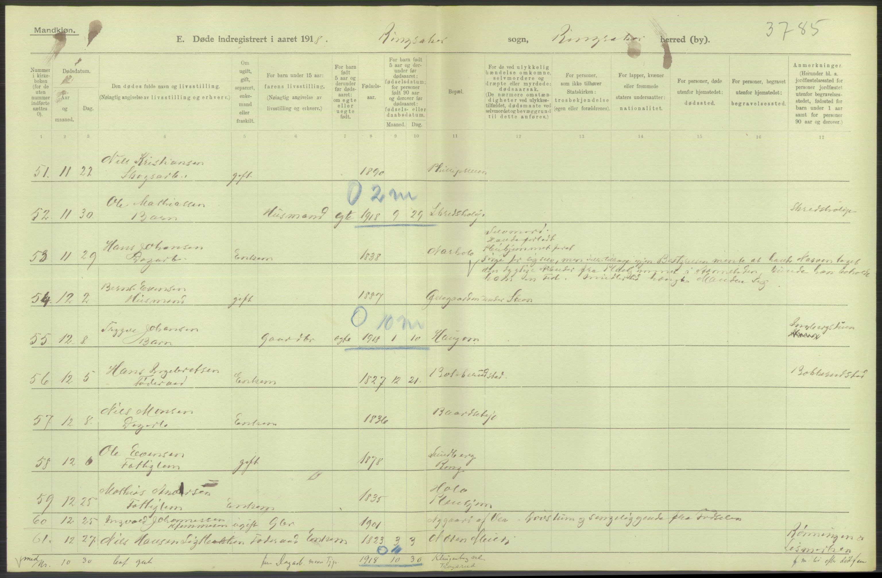 Statistisk sentralbyrå, Sosiodemografiske emner, Befolkning, AV/RA-S-2228/D/Df/Dfb/Dfbh/L0014: Hedemarkens fylke: Døde. Bygder og byer., 1918, p. 356