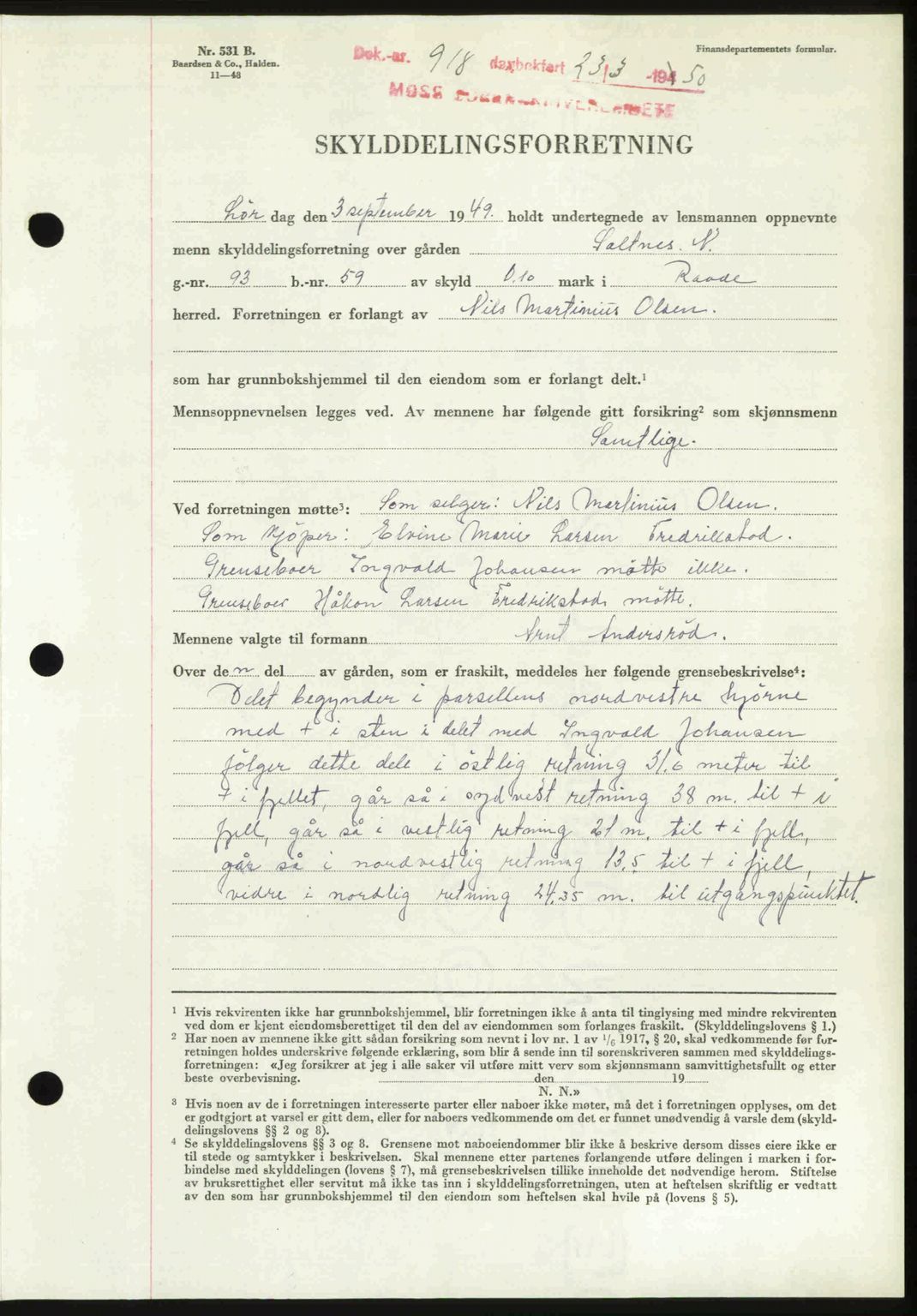 Moss sorenskriveri, SAO/A-10168: Mortgage book no. A25, 1950-1950, Diary no: : 918/1950