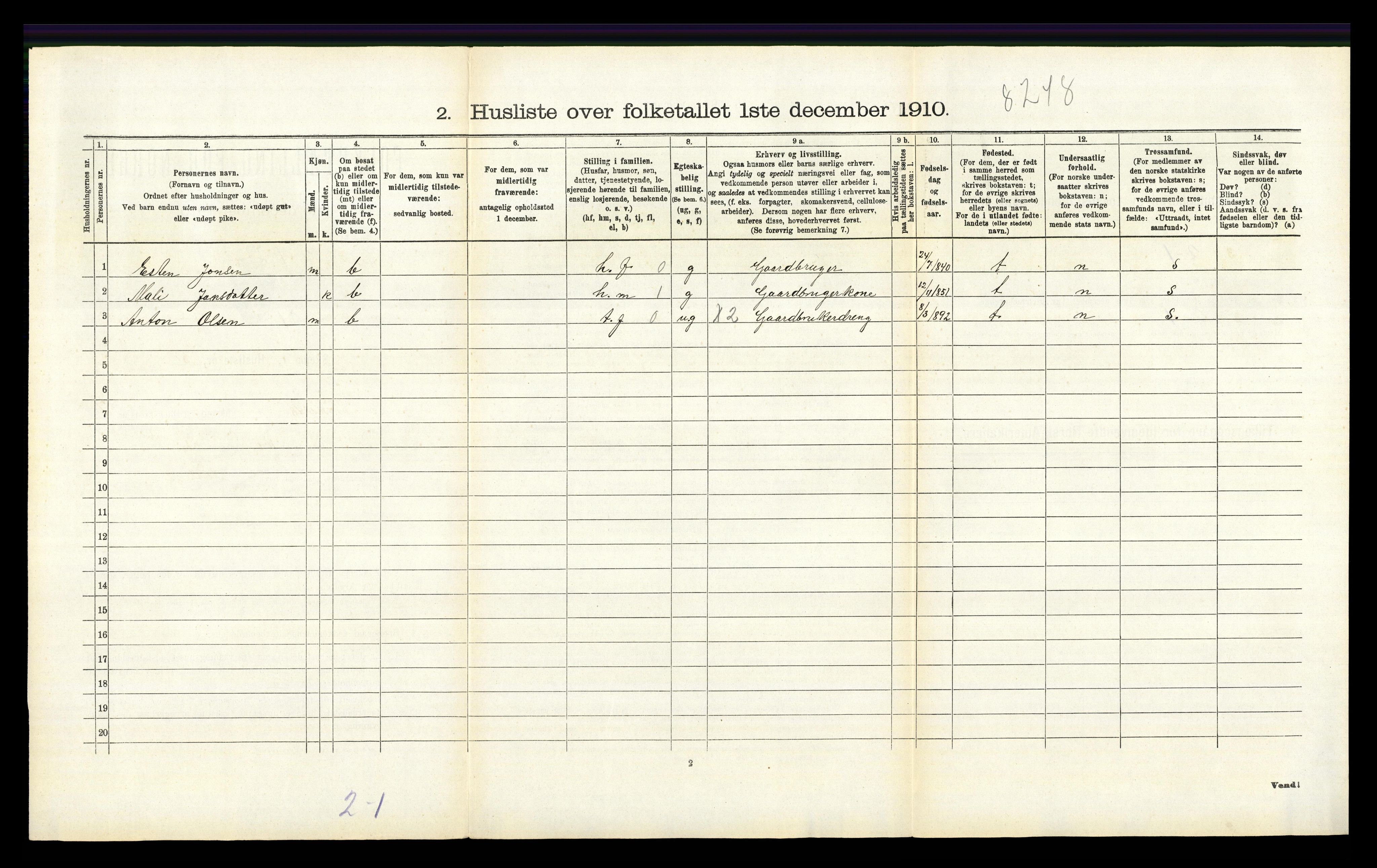 RA, 1910 census for Tynset, 1910, p. 958