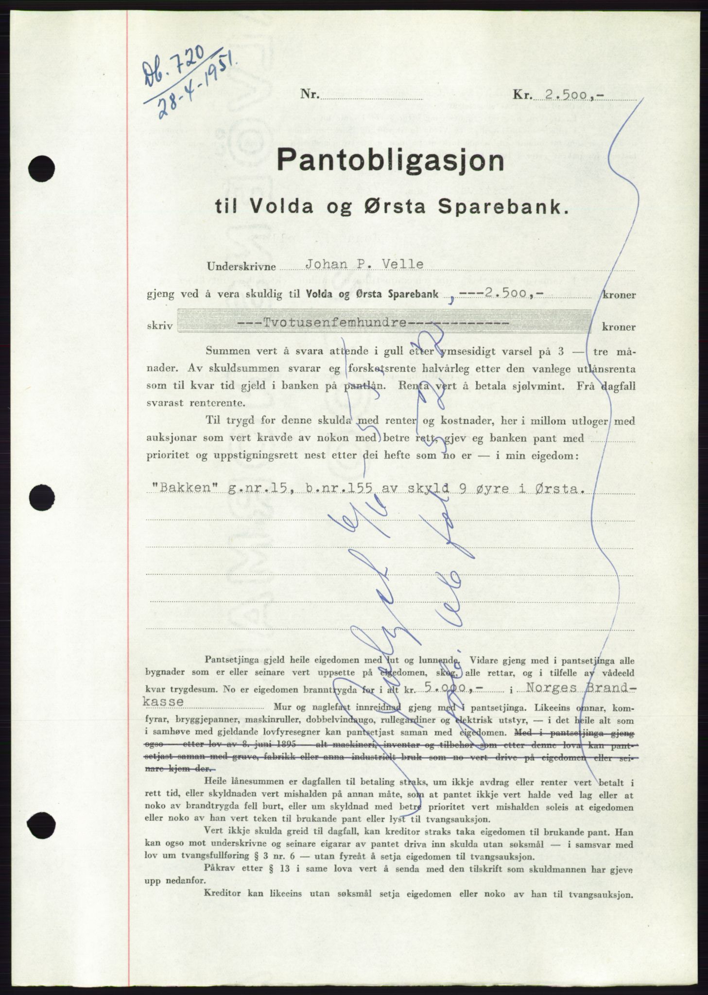 Søre Sunnmøre sorenskriveri, AV/SAT-A-4122/1/2/2C/L0119: Mortgage book no. 7B, 1950-1951, Diary no: : 720/1951