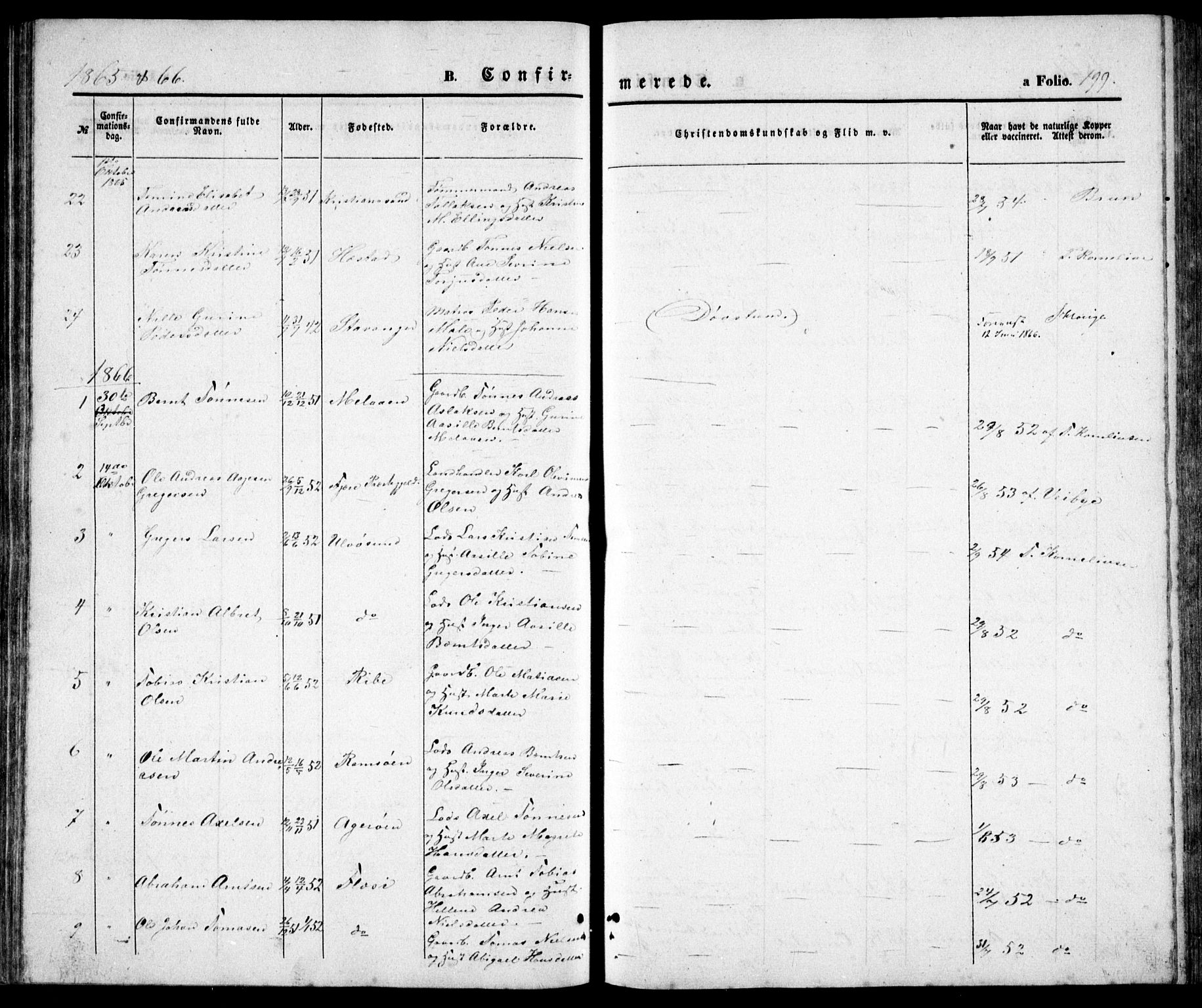 Høvåg sokneprestkontor, SAK/1111-0025/F/Fb/L0002: Parish register (copy) no. B 2, 1847-1869, p. 199
