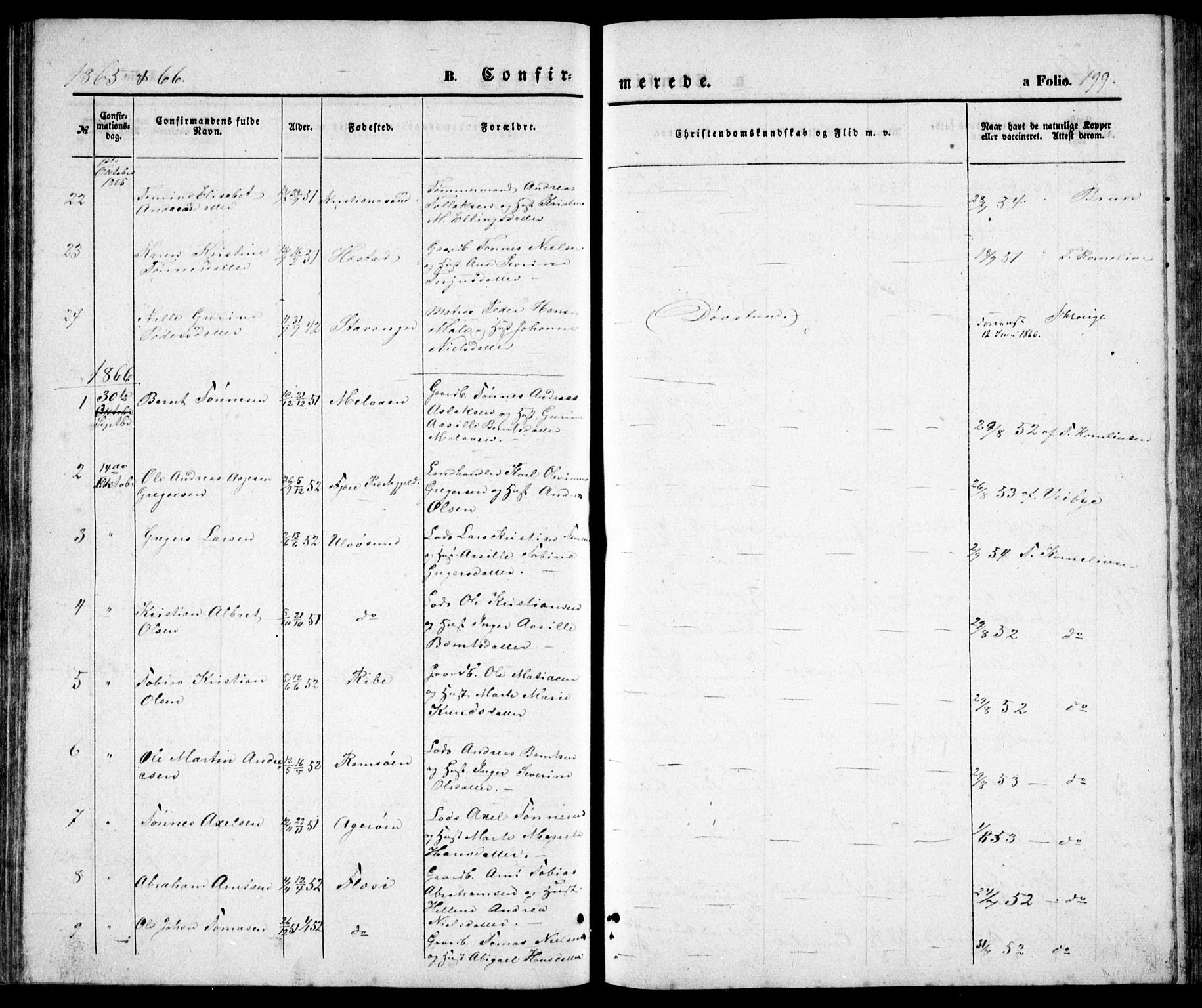 Høvåg sokneprestkontor, AV/SAK-1111-0025/F/Fb/L0002: Parish register (copy) no. B 2, 1847-1869, p. 199