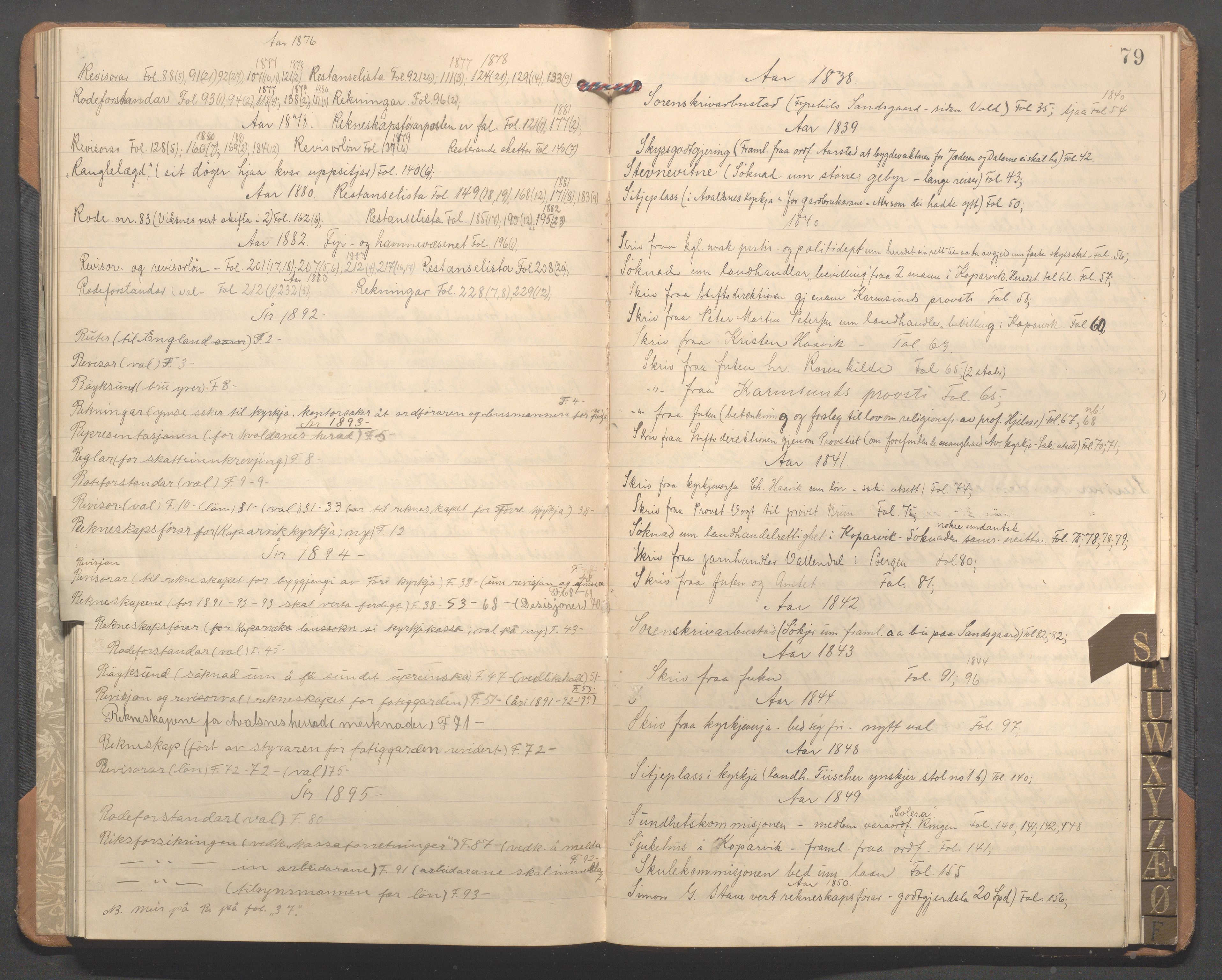 Avaldsnes kommune - Formannskapet, IKAR/K-101651/C/Cb/L0001: Register til møtebok, 1838-1901, p. 79
