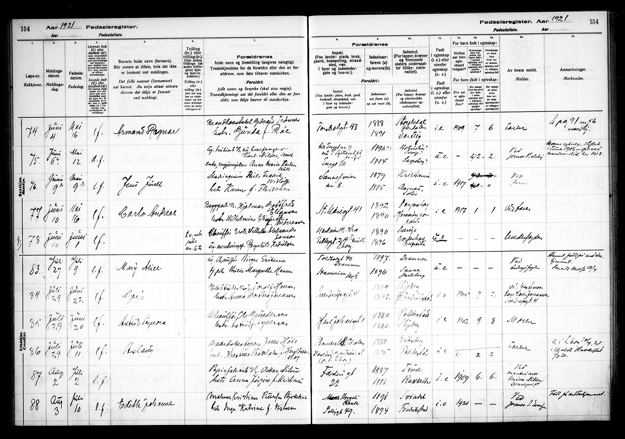 Sarpsborg prestekontor Kirkebøker, SAO/A-2006/J/Ja/L0001: Birth register no. 1, 1916-1922, p. 154