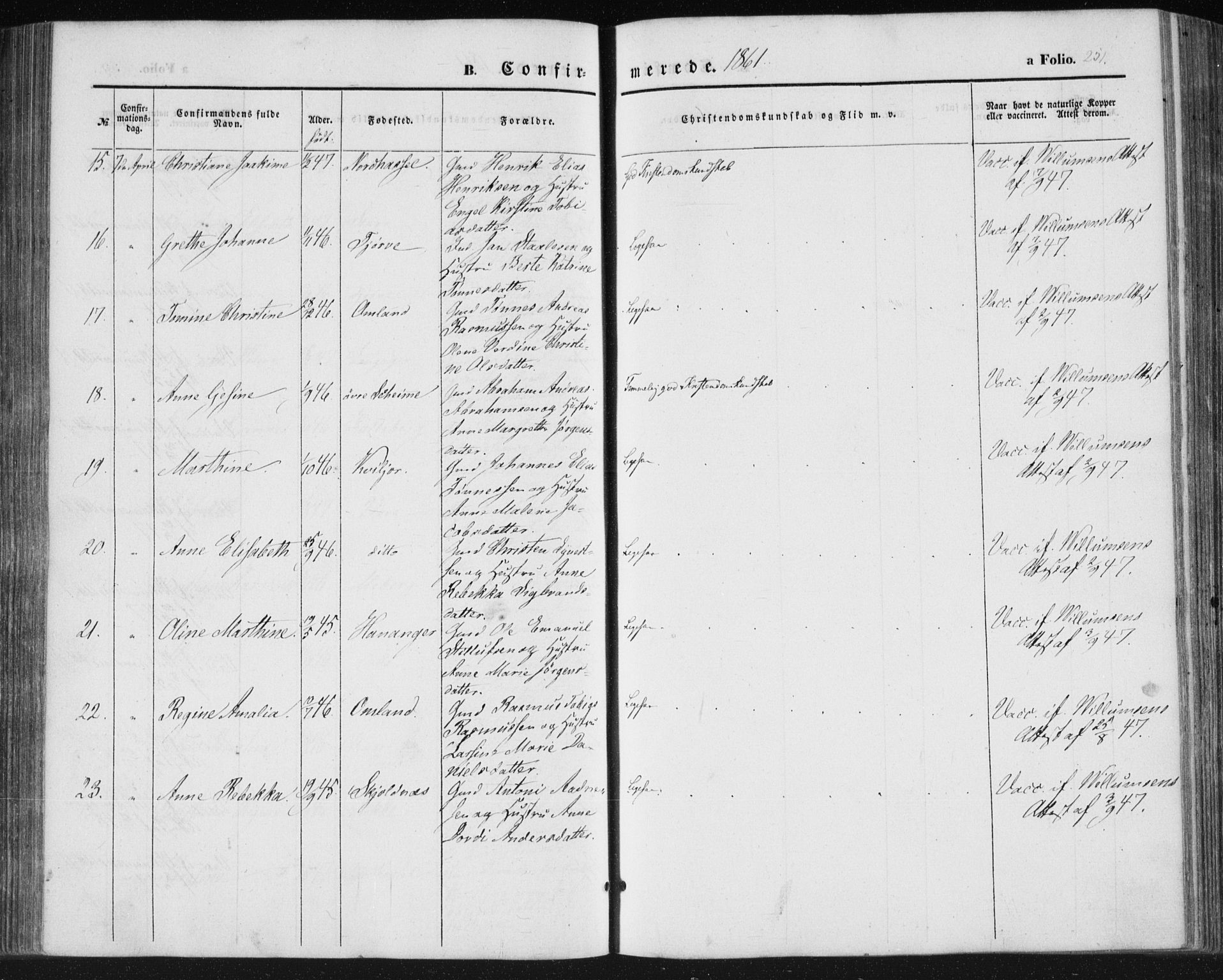 Lista sokneprestkontor, SAK/1111-0027/F/Fa/L0010: Parish register (official) no. A 10, 1846-1861, p. 251