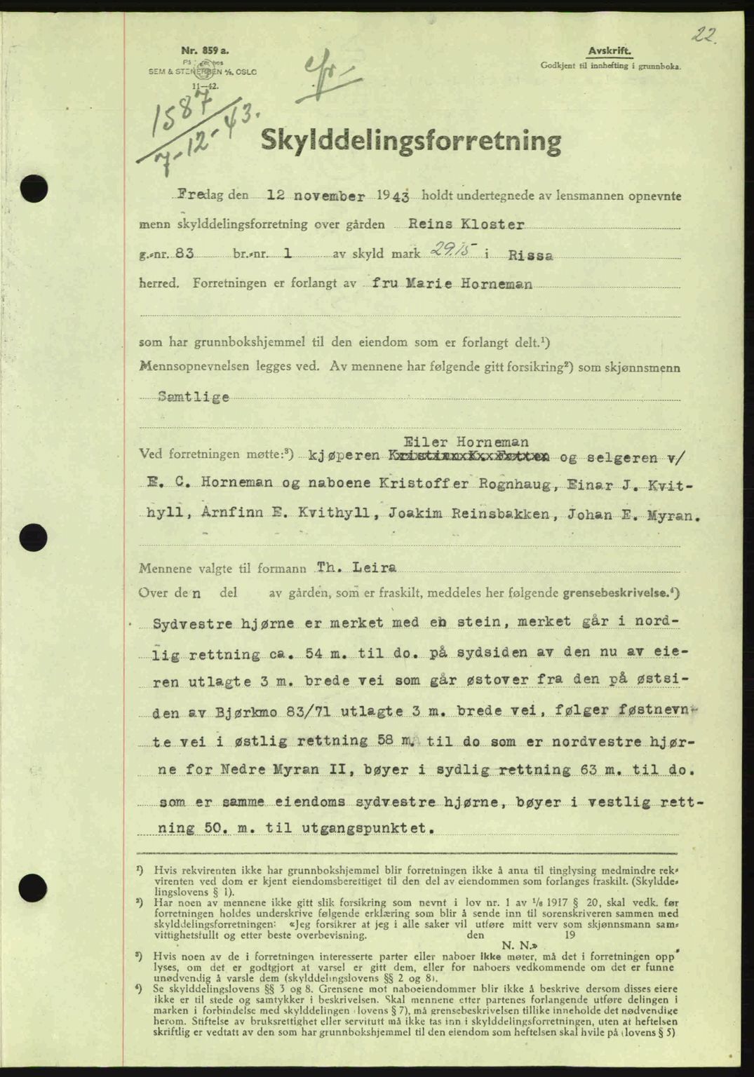 Fosen sorenskriveri, AV/SAT-A-1107/1/2/2C: Mortgage book no. A3, 1943-1945, Diary no: : 1587/1943