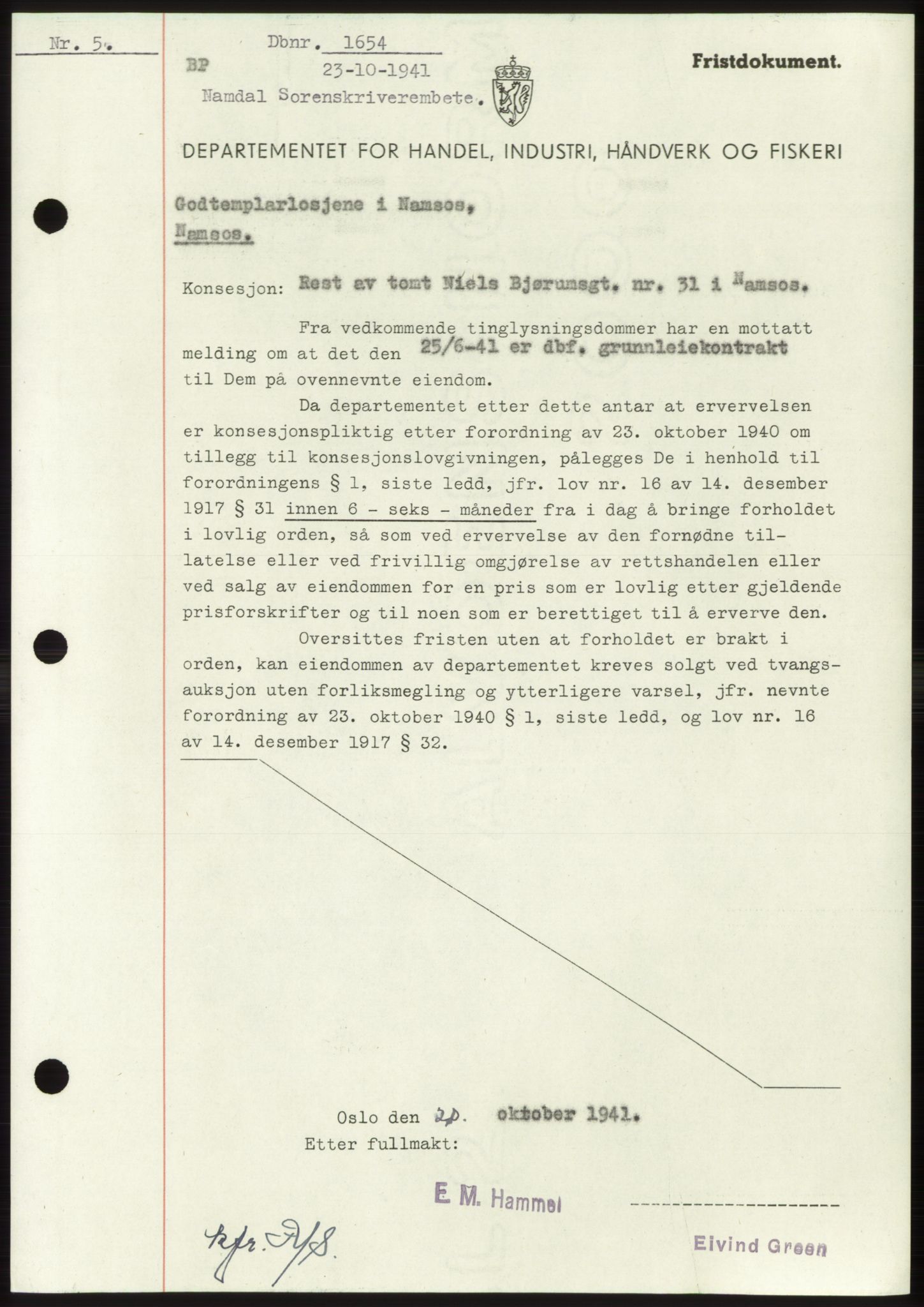 Namdal sorenskriveri, SAT/A-4133/1/2/2C: Mortgage book no. -, 1941-1942, Diary no: : 1654/1941